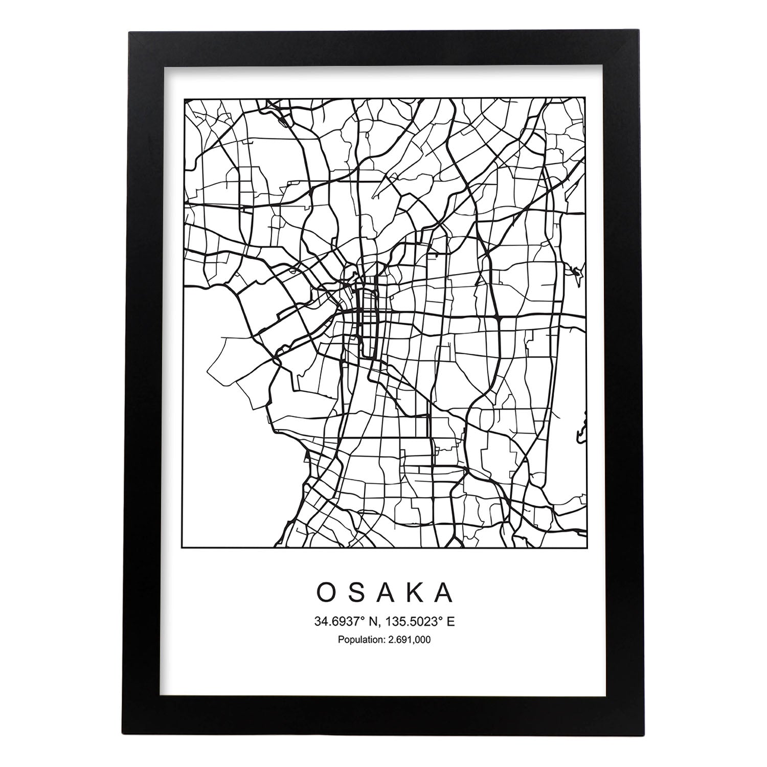 Lámina mapa de la ciudad Osaka estilo nordico en blanco y negro.-Artwork-Nacnic-A4-Marco Negro-Nacnic Estudio SL