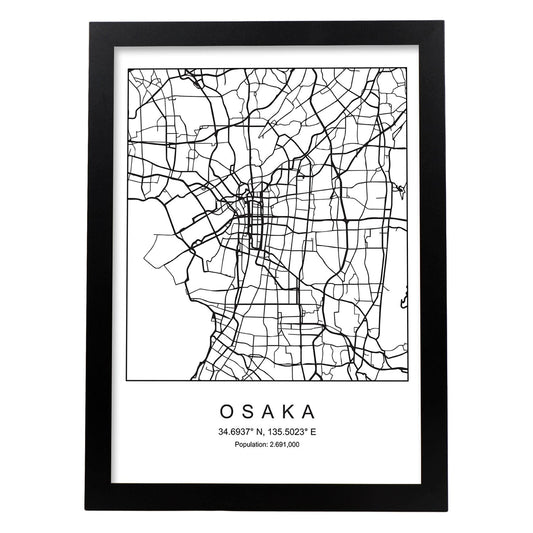 Lámina mapa de la ciudad Osaka estilo nordico en blanco y negro.-Artwork-Nacnic-A4-Marco Negro-Nacnic Estudio SL