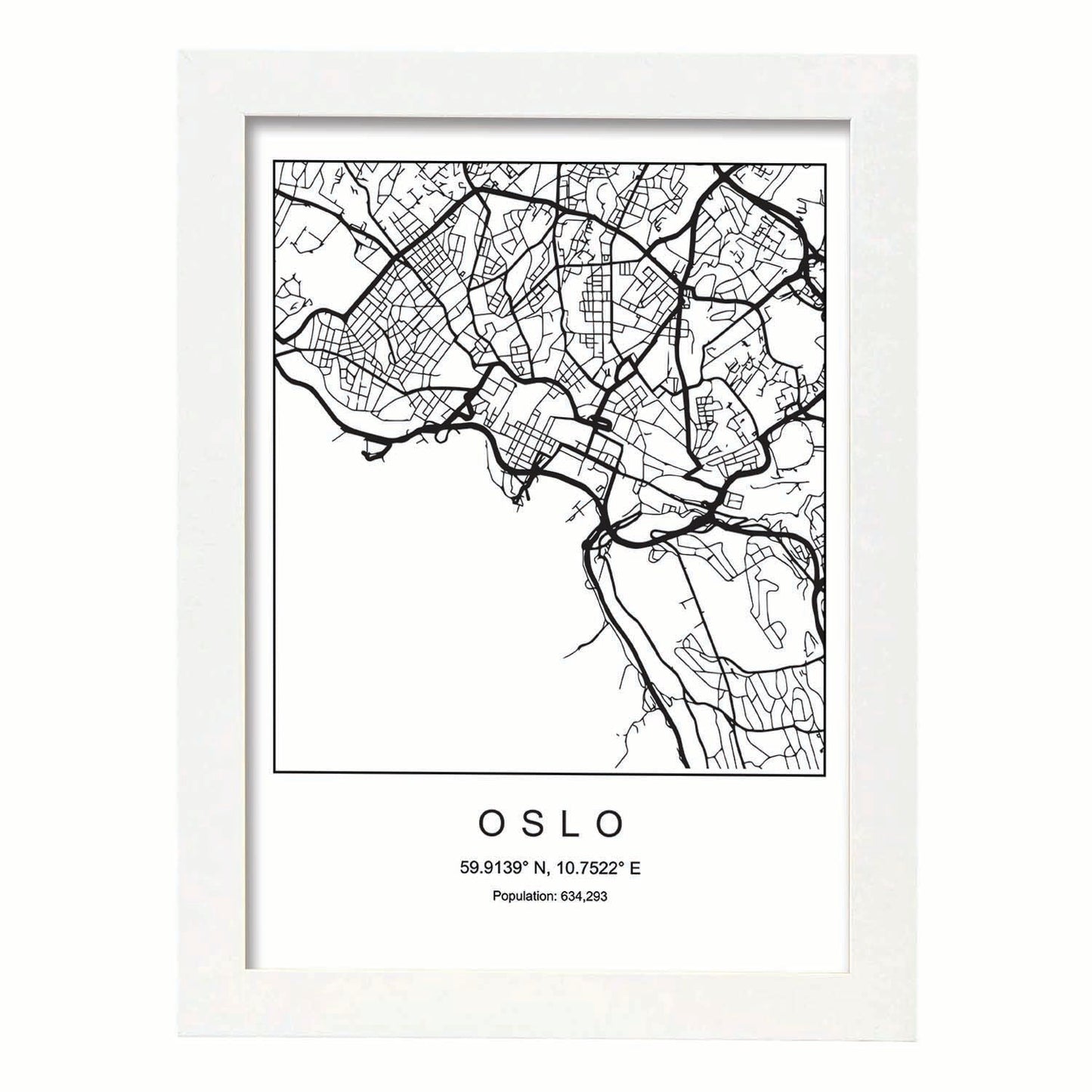 Lámina mapa de la ciudad Oslo estilo nordico en blanco y negro.-Artwork-Nacnic-A3-Marco Blanco-Nacnic Estudio SL