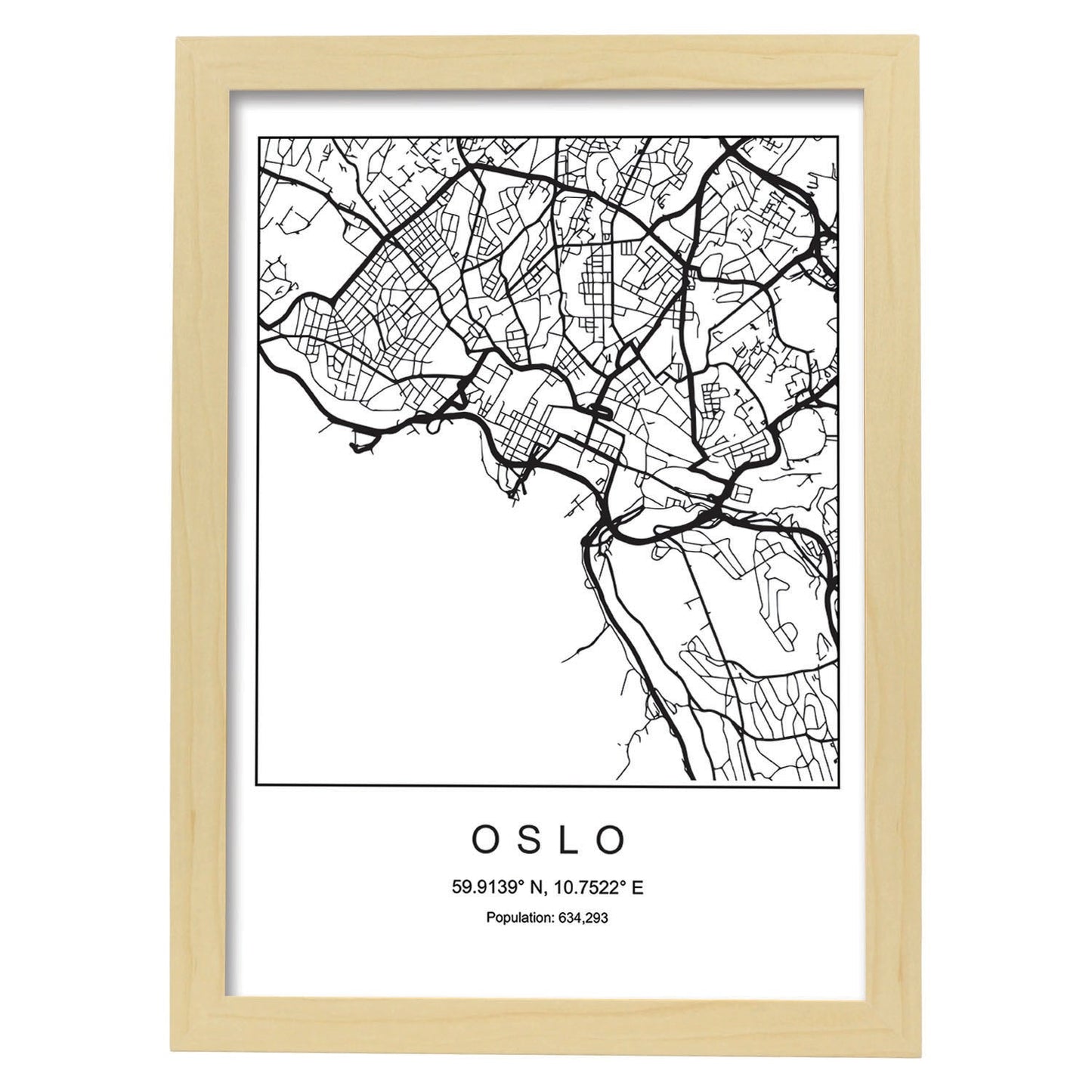 Lámina mapa de la ciudad Oslo estilo nordico en blanco y negro.-Artwork-Nacnic-A3-Marco Madera clara-Nacnic Estudio SL