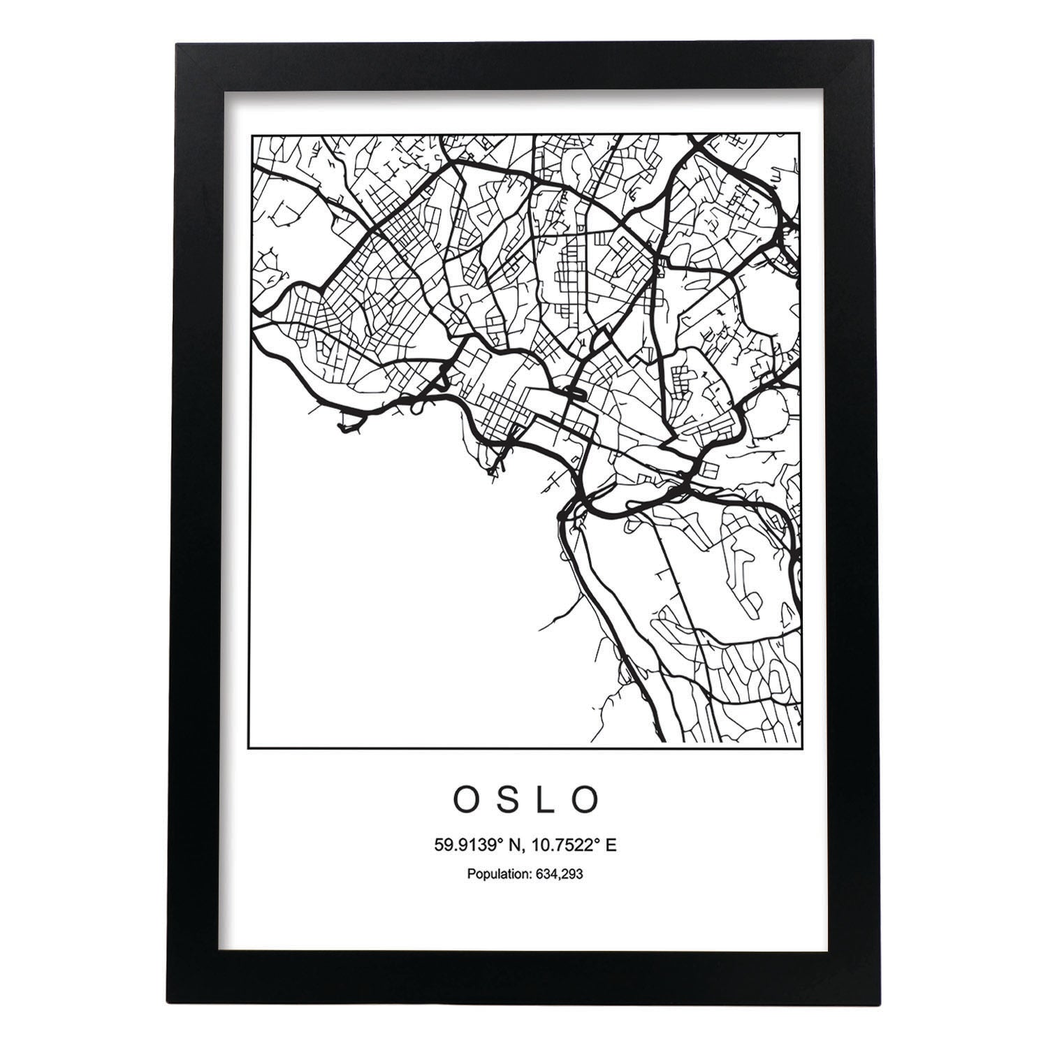 Lámina mapa de la ciudad Oslo estilo nordico en blanco y negro.-Artwork-Nacnic-A3-Marco Negro-Nacnic Estudio SL