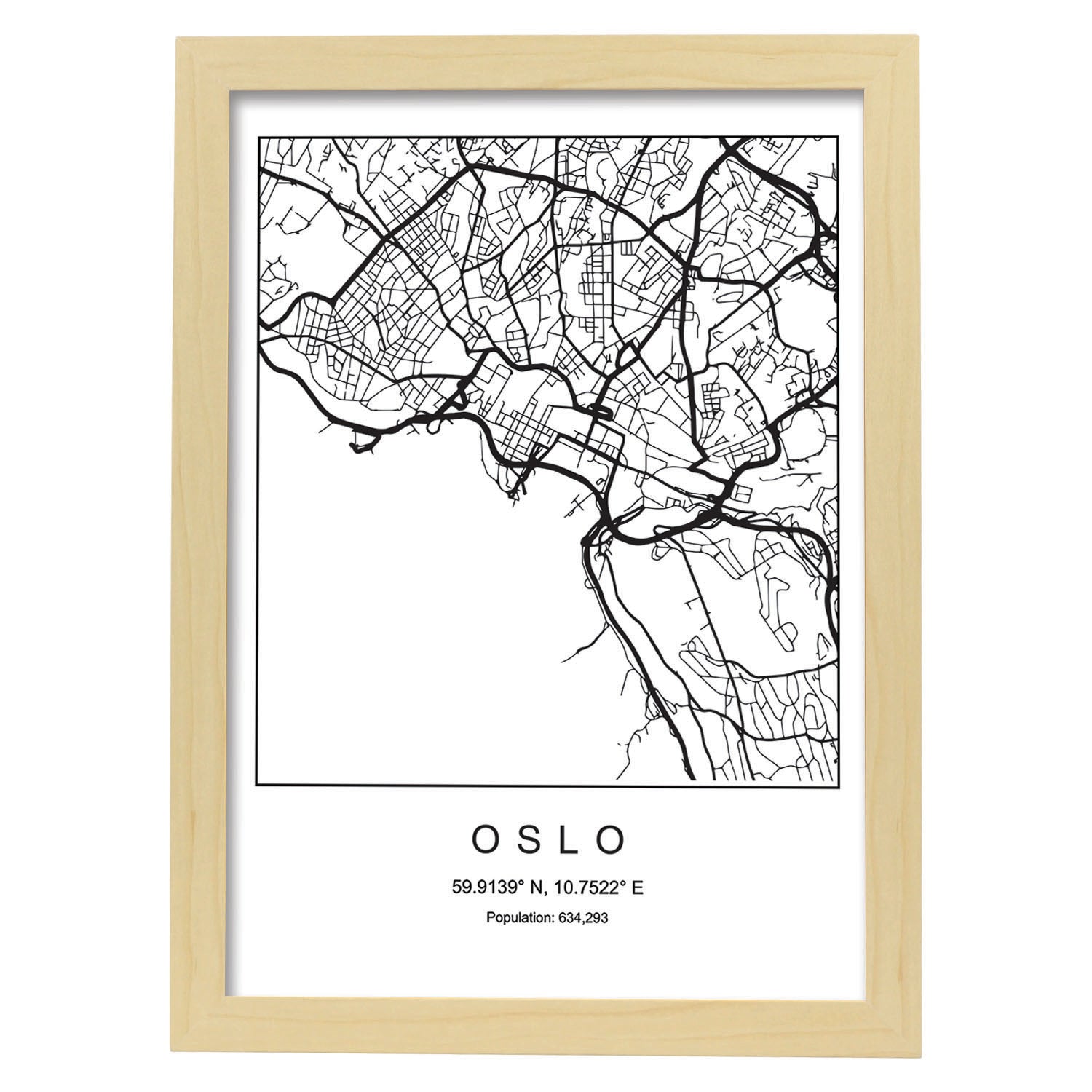 Lámina mapa de la ciudad Oslo estilo nordico en blanco y negro.-Artwork-Nacnic-A4-Marco Madera clara-Nacnic Estudio SL