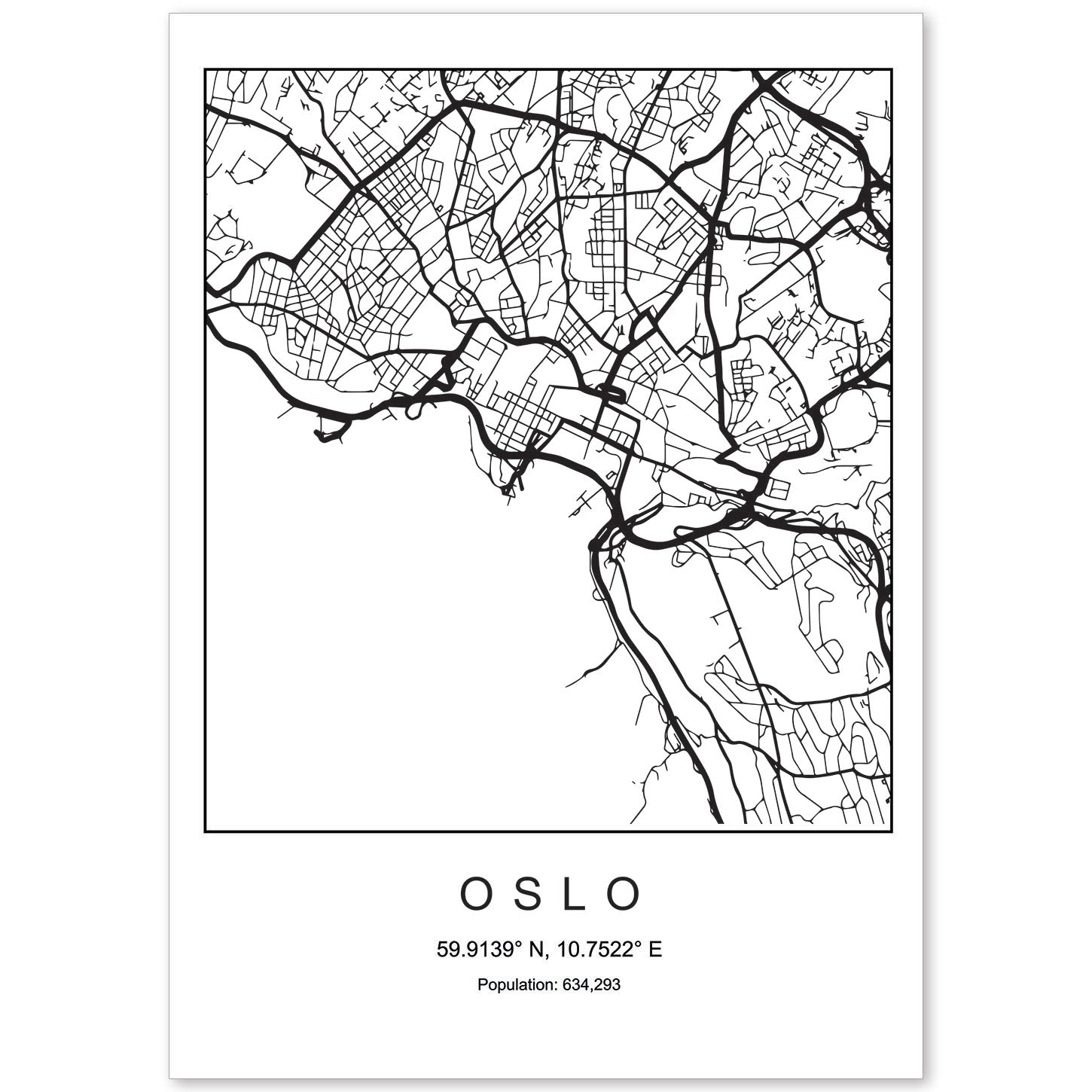 Lámina mapa de la ciudad Oslo estilo nordico en blanco y negro.-Artwork-Nacnic-A4-Sin marco-Nacnic Estudio SL