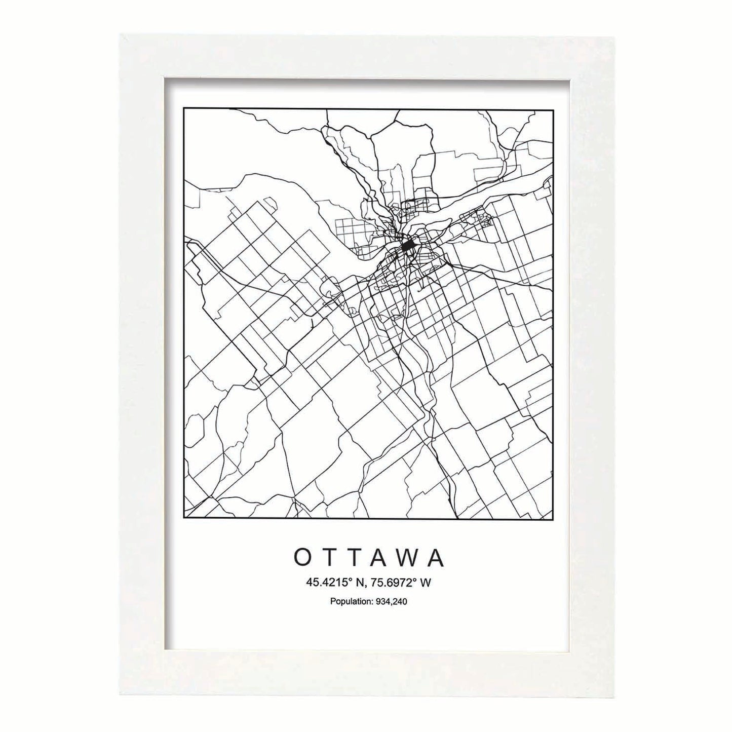 Lámina mapa de la ciudad Ottawa estilo nordico en blanco y negro.-Artwork-Nacnic-A4-Marco Blanco-Nacnic Estudio SL