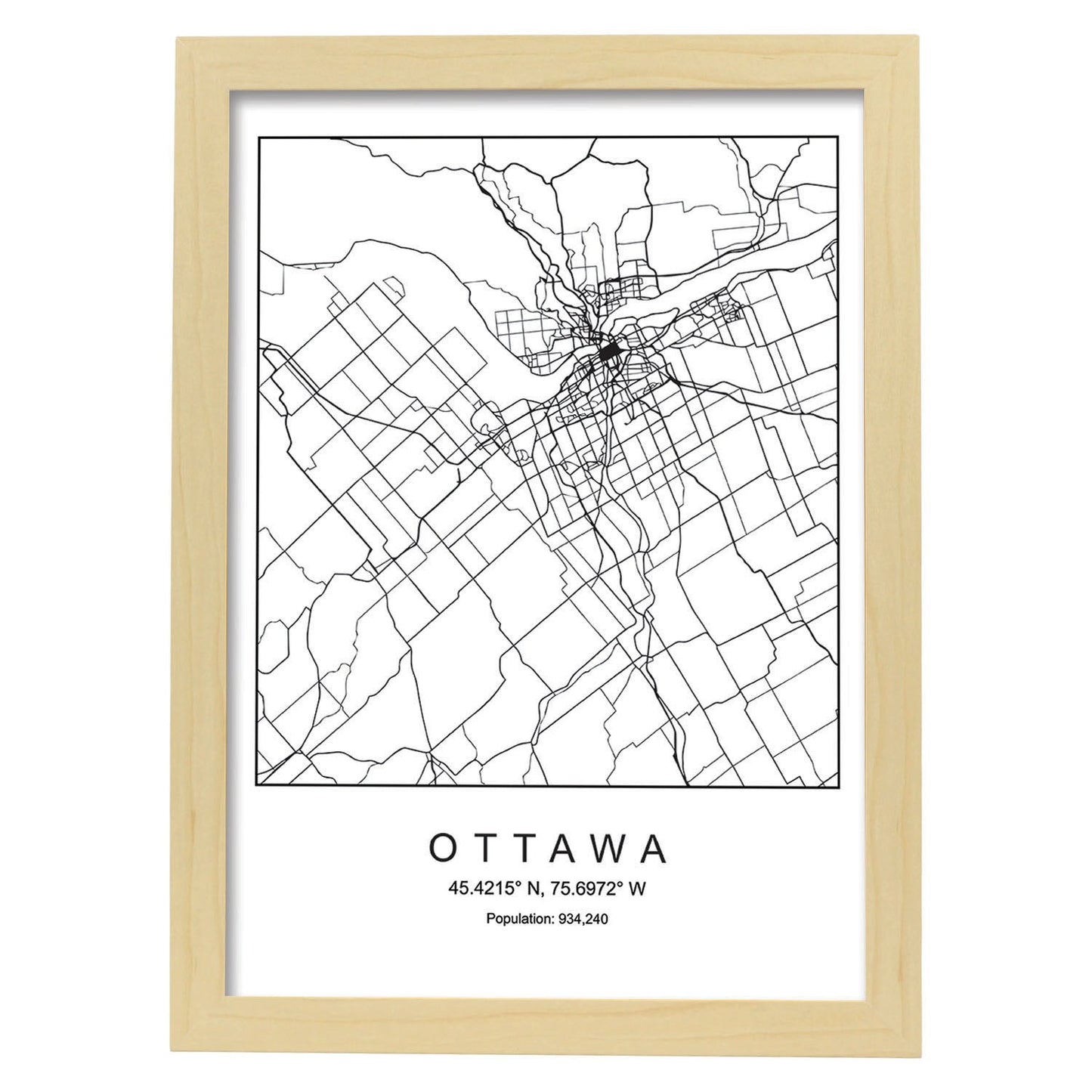 Lámina mapa de la ciudad Ottawa estilo nordico en blanco y negro.-Artwork-Nacnic-A4-Marco Madera clara-Nacnic Estudio SL