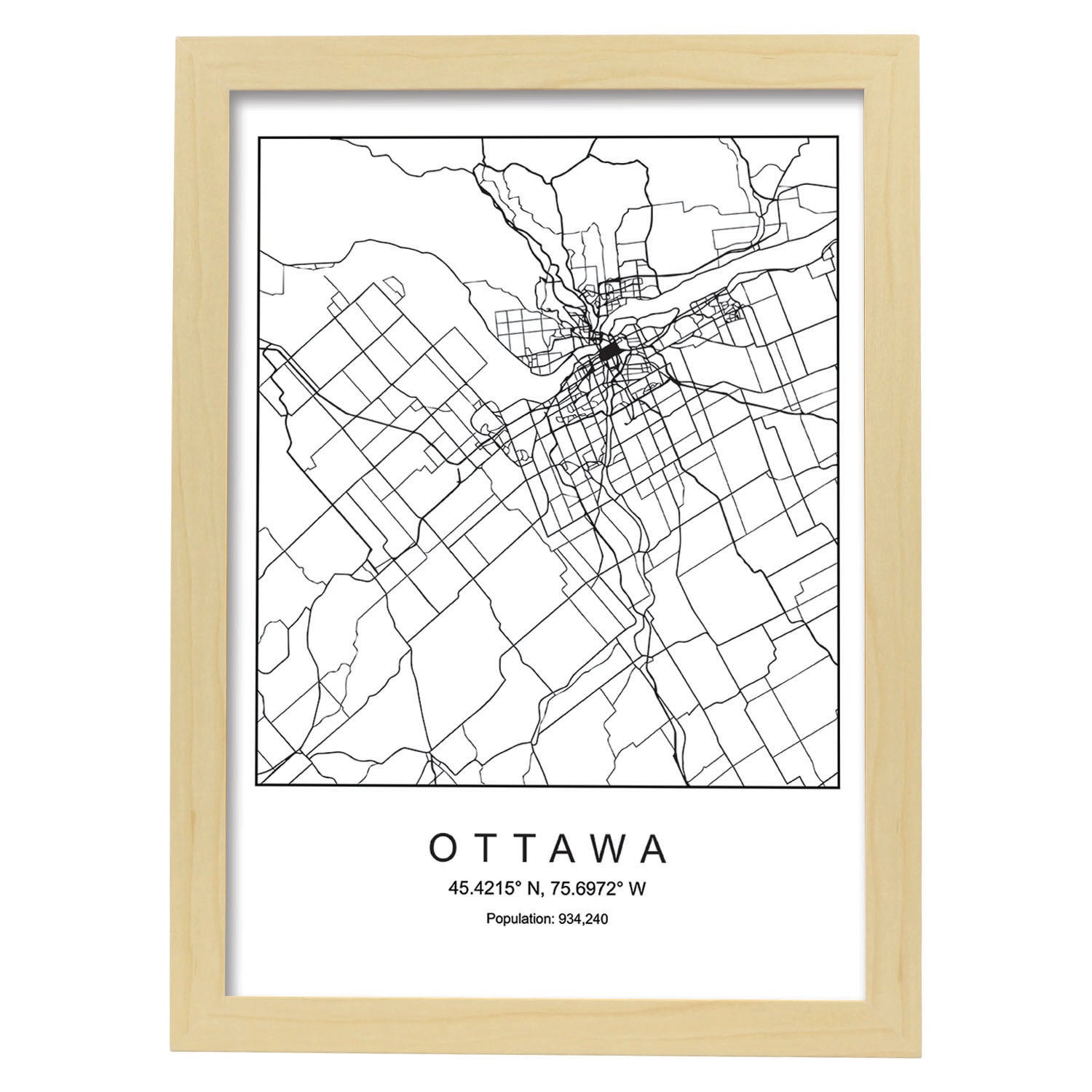 Lámina mapa de la ciudad Ottawa estilo nordico en blanco y negro.-Artwork-Nacnic-A4-Marco Madera clara-Nacnic Estudio SL