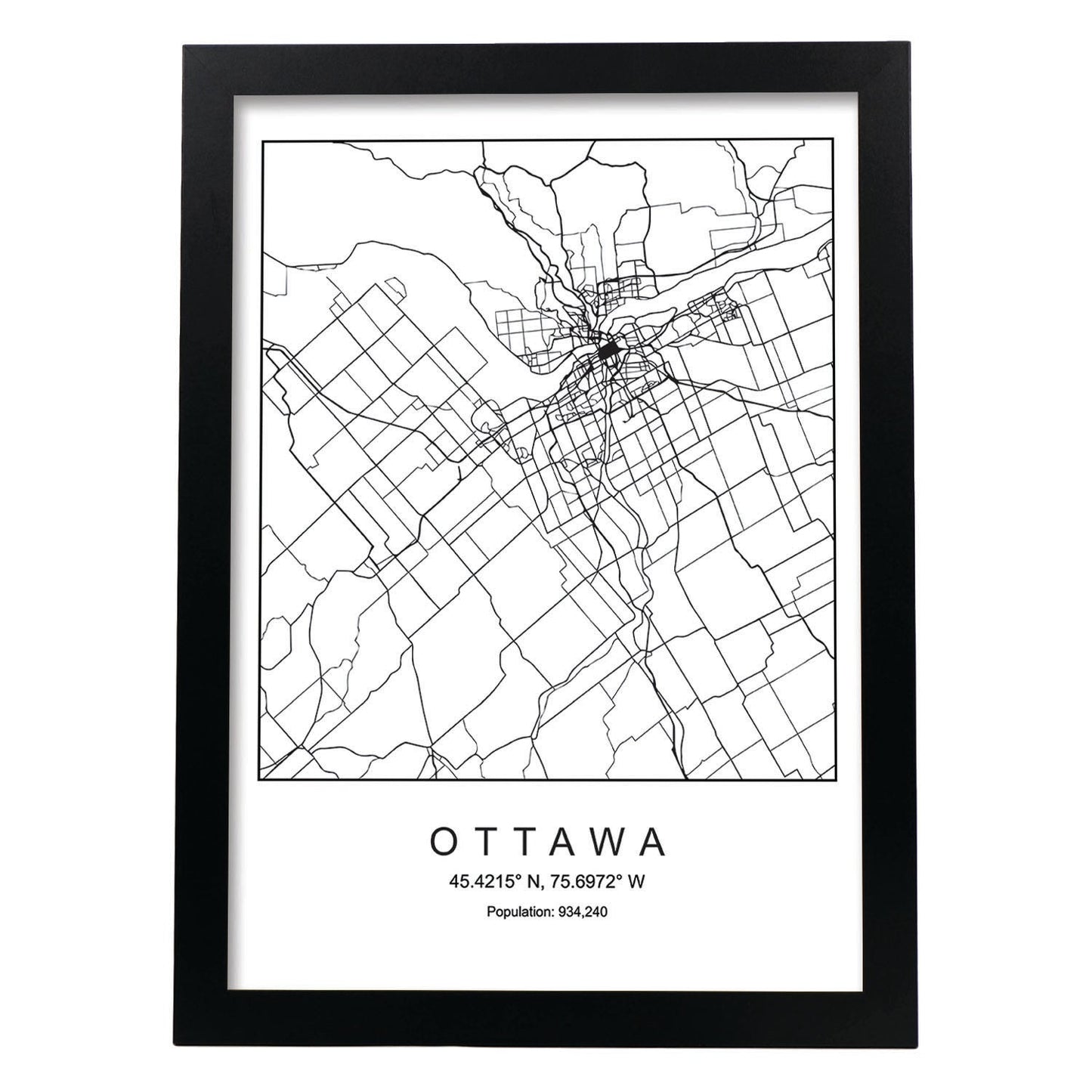 Lámina mapa de la ciudad Ottawa estilo nordico en blanco y negro.-Artwork-Nacnic-A4-Marco Negro-Nacnic Estudio SL