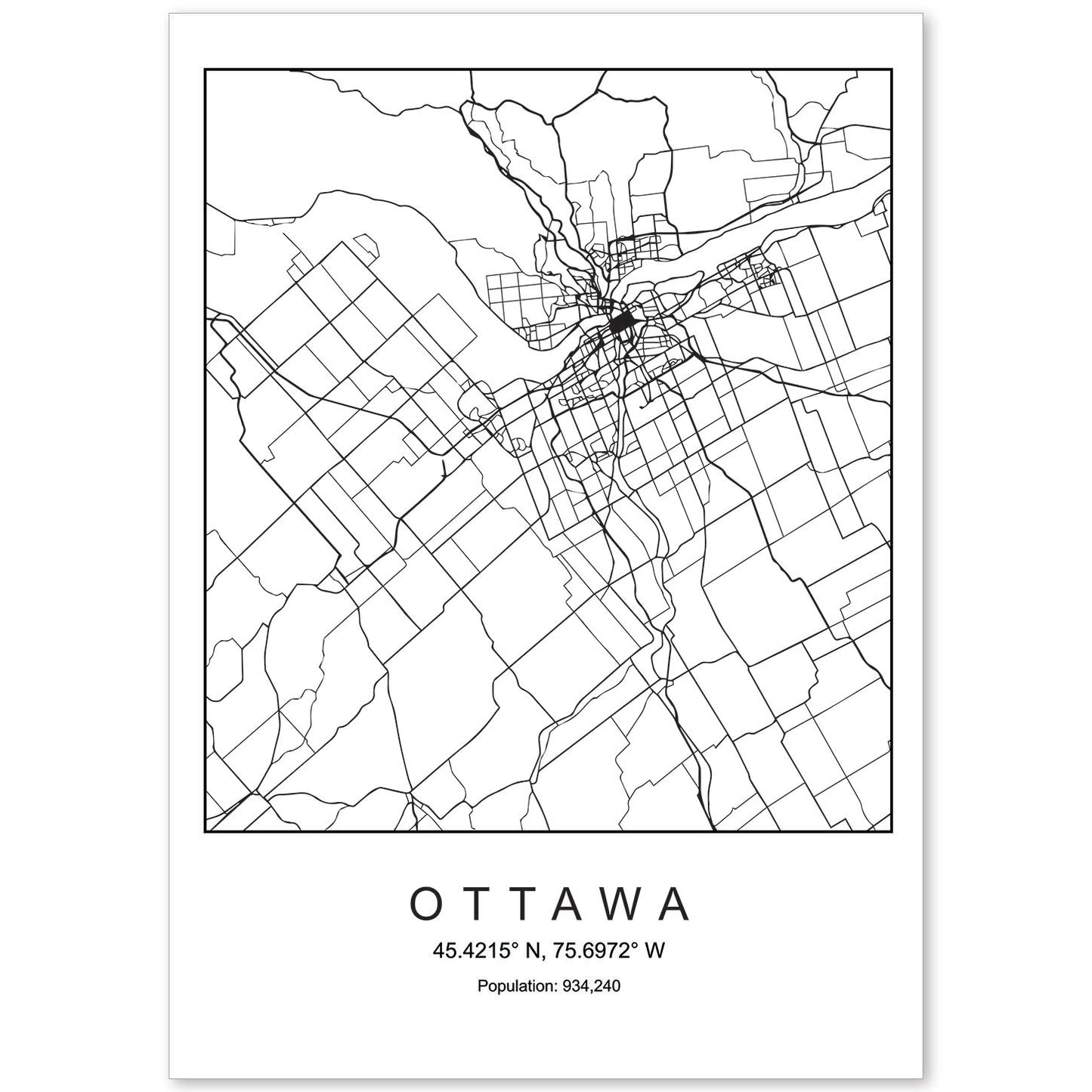 Lámina mapa de la ciudad Ottawa estilo nordico en blanco y negro.-Artwork-Nacnic-A4-Sin marco-Nacnic Estudio SL