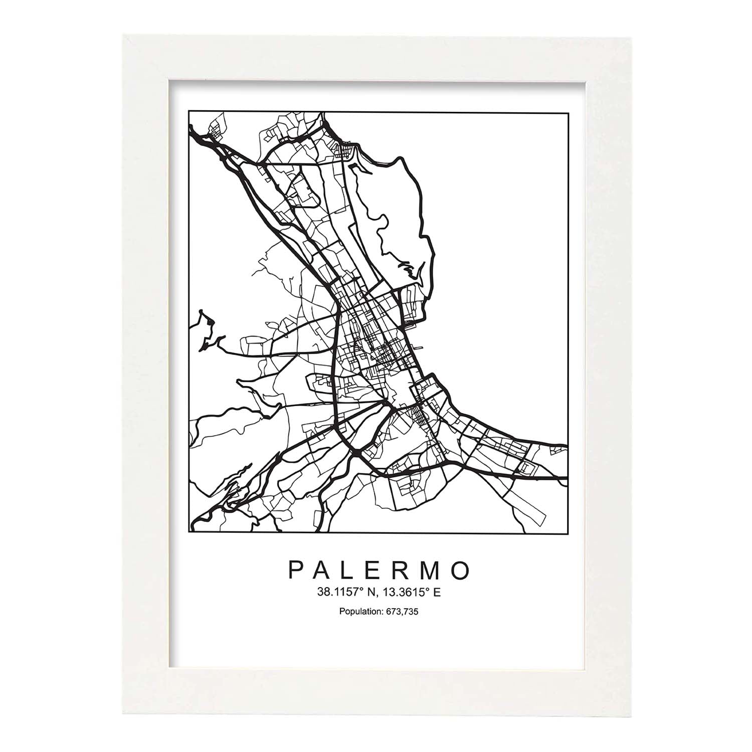 Lámina mapa de la ciudad Palermo estilo nordico en blanco y negro.-Artwork-Nacnic-A3-Marco Blanco-Nacnic Estudio SL