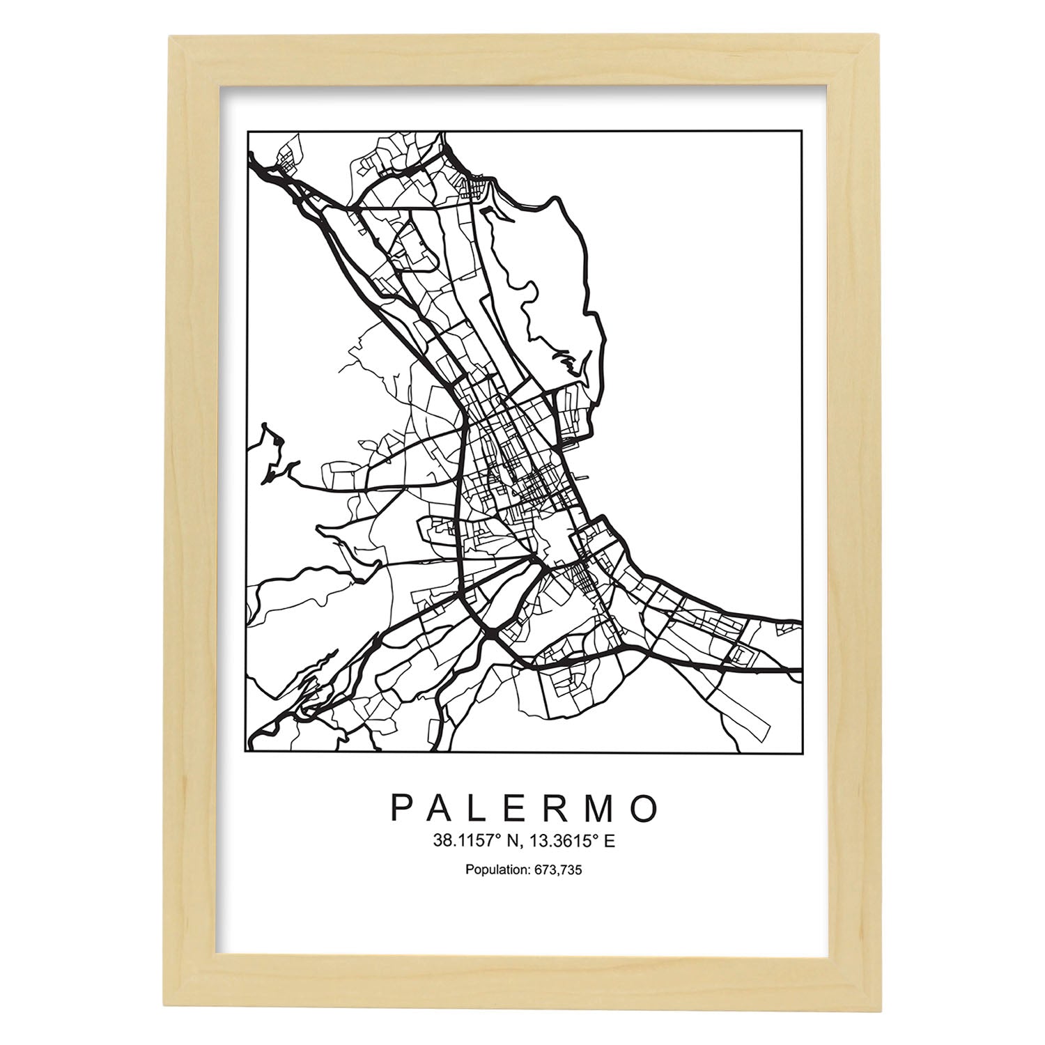 Lámina mapa de la ciudad Palermo estilo nordico en blanco y negro.-Artwork-Nacnic-A3-Marco Madera clara-Nacnic Estudio SL
