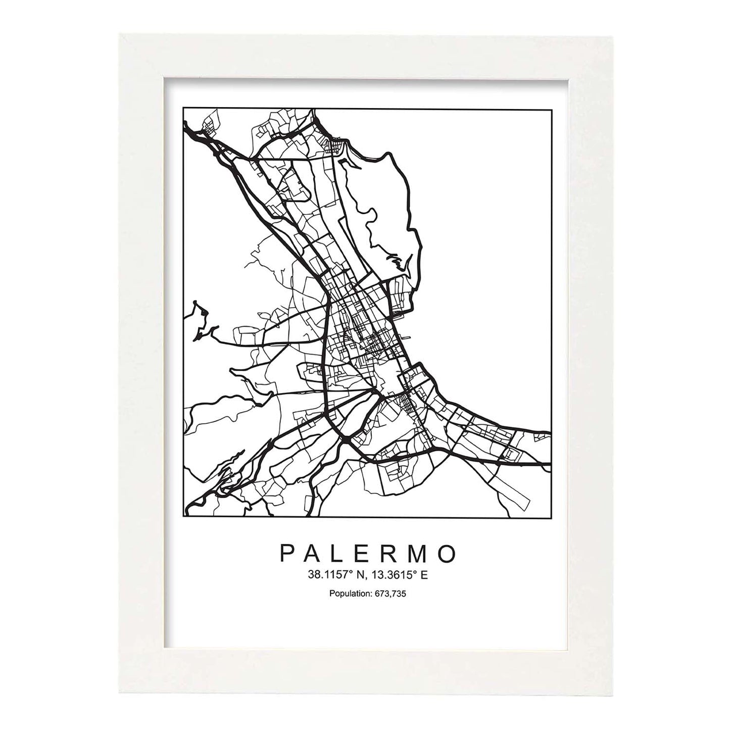 Lámina mapa de la ciudad Palermo estilo nordico en blanco y negro.-Artwork-Nacnic-A4-Marco Blanco-Nacnic Estudio SL