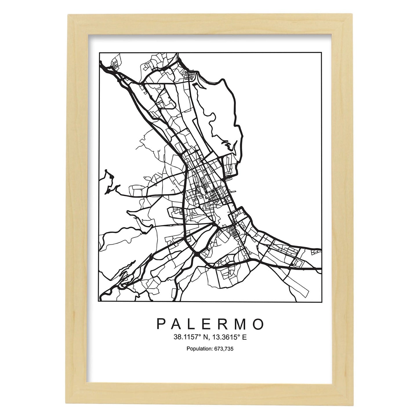 Lámina mapa de la ciudad Palermo estilo nordico en blanco y negro.-Artwork-Nacnic-A4-Marco Madera clara-Nacnic Estudio SL