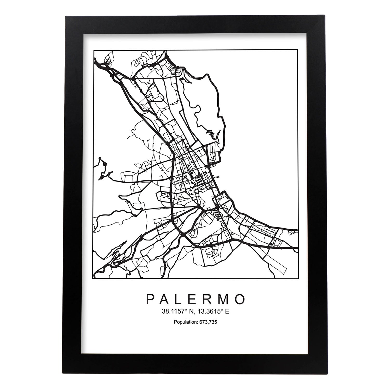 Lámina mapa de la ciudad Palermo estilo nordico en blanco y negro.-Artwork-Nacnic-A4-Marco Negro-Nacnic Estudio SL
