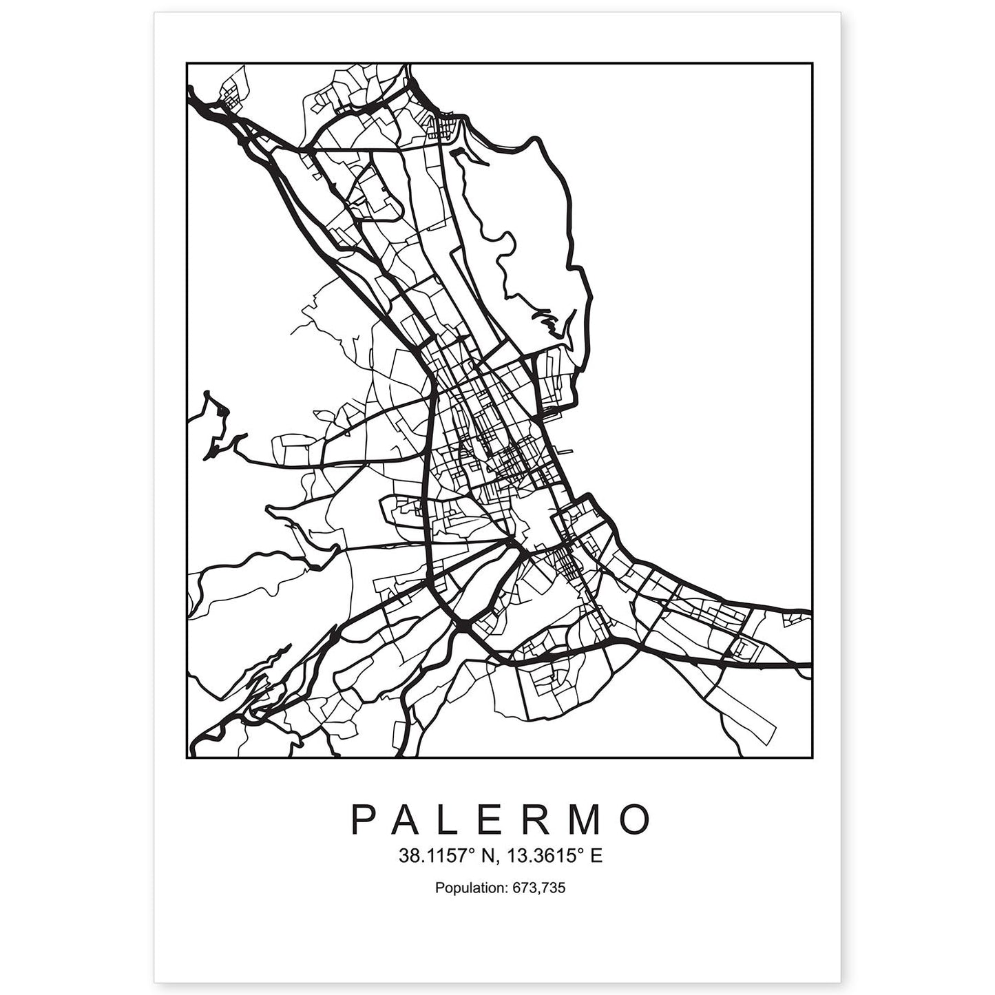 Lámina mapa de la ciudad Palermo estilo nordico en blanco y negro.-Artwork-Nacnic-A4-Sin marco-Nacnic Estudio SL