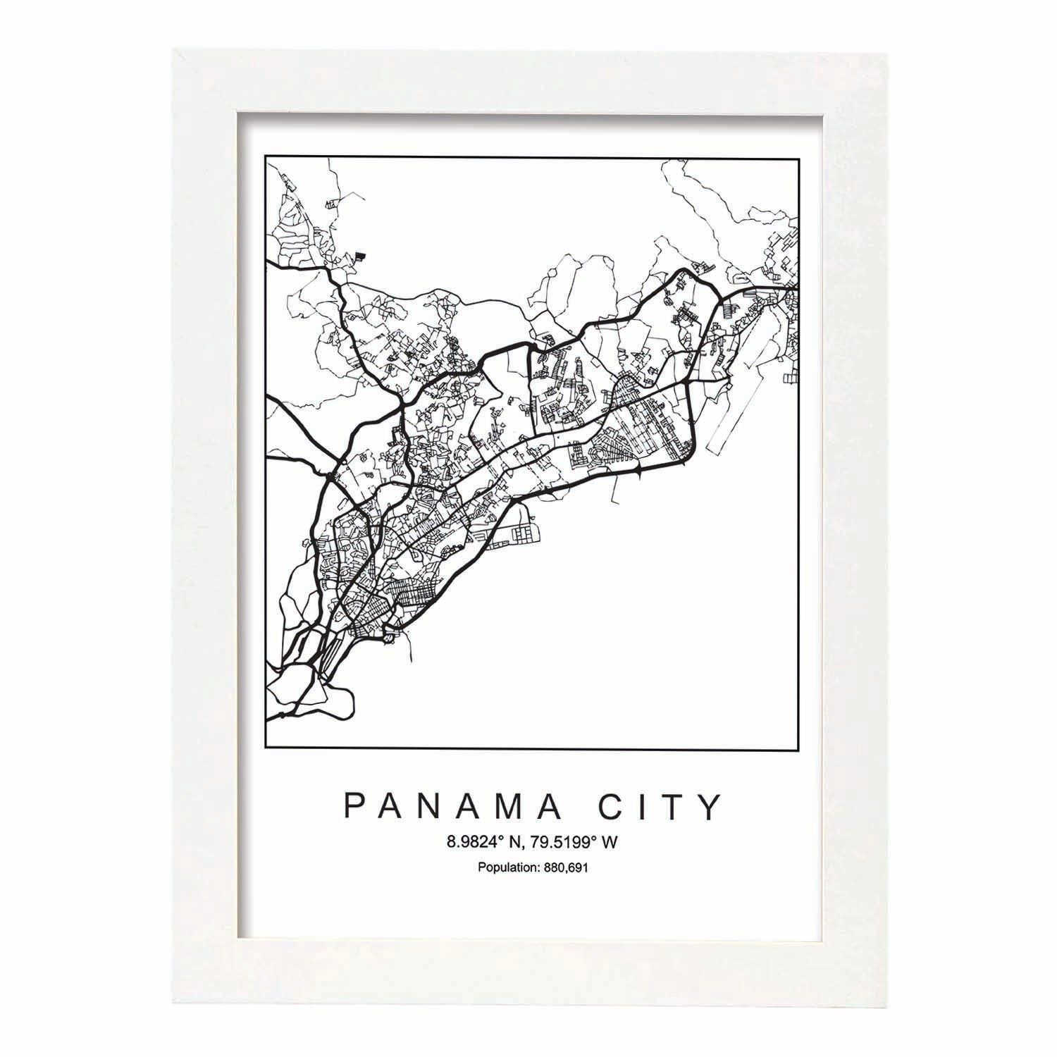 Lámina mapa de la ciudad Panama city estilo nordico en blanco y negro.-Artwork-Nacnic-A3-Marco Blanco-Nacnic Estudio SL