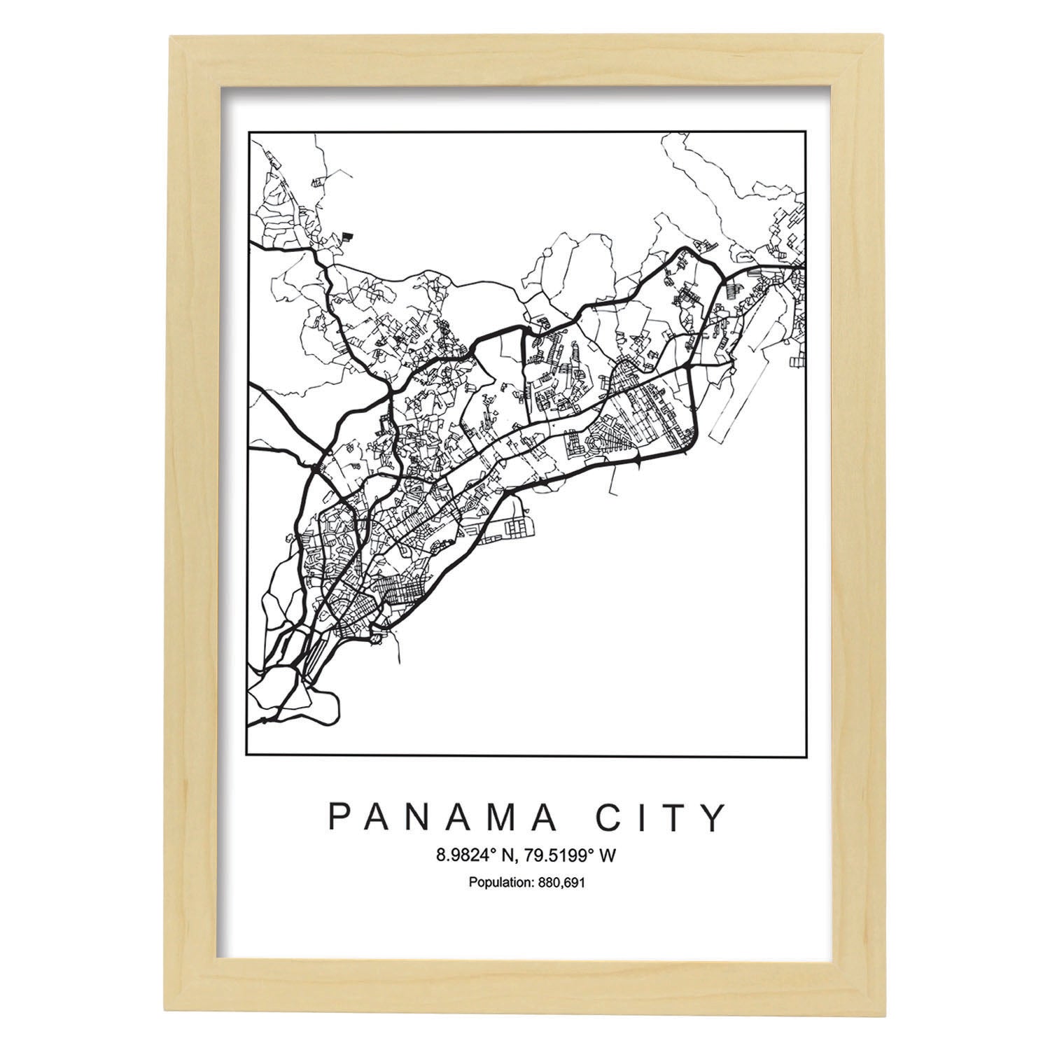 Lámina mapa de la ciudad Panama city estilo nordico en blanco y negro.-Artwork-Nacnic-A3-Marco Madera clara-Nacnic Estudio SL