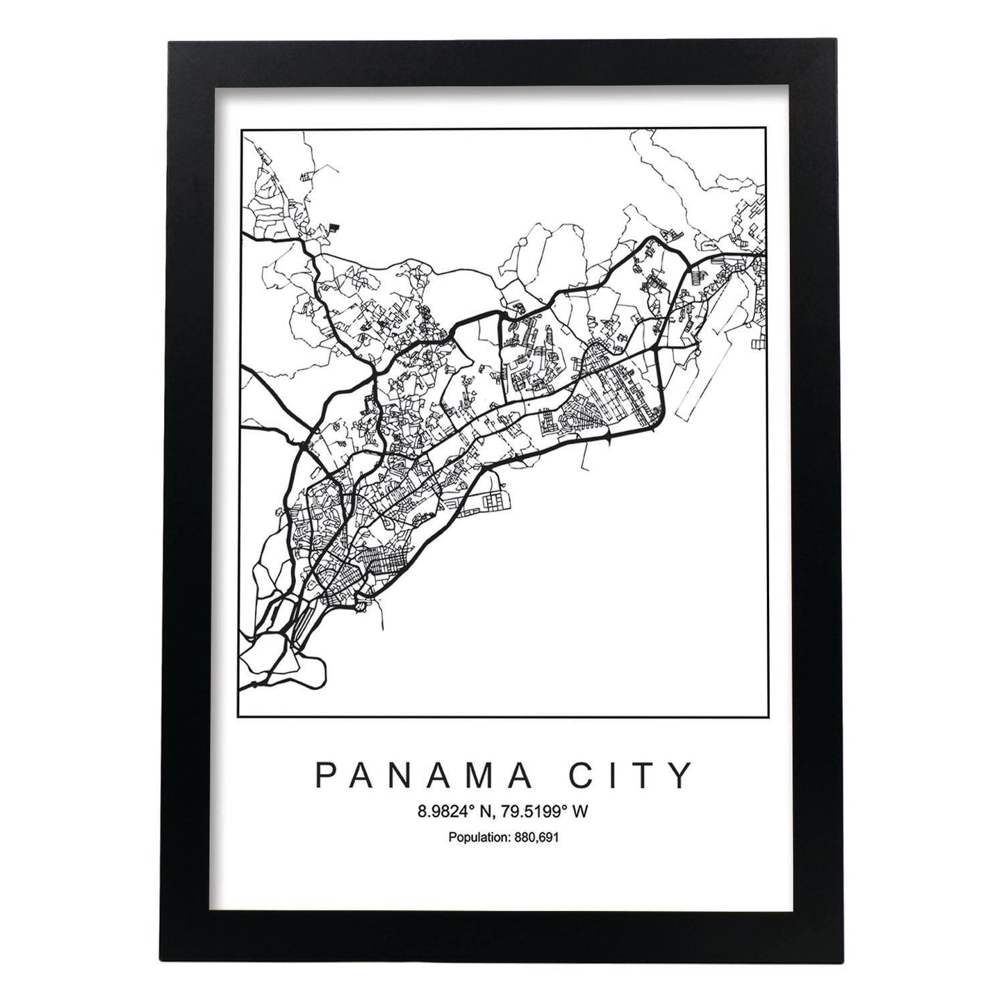 Lámina mapa de la ciudad Panama city estilo nordico en blanco y negro.-Artwork-Nacnic-A3-Marco Negro-Nacnic Estudio SL