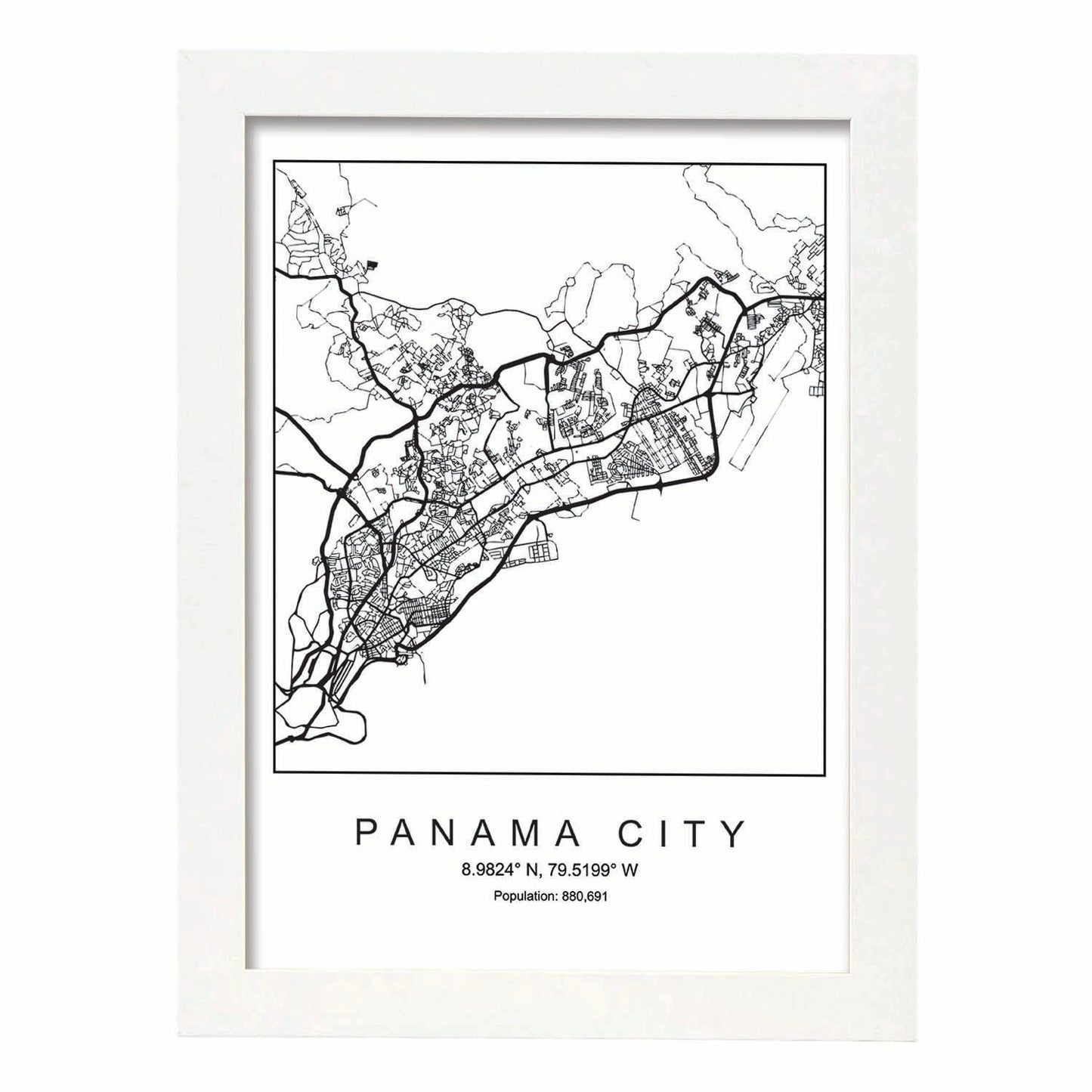 Lámina mapa de la ciudad Panama city estilo nordico en blanco y negro.-Artwork-Nacnic-A4-Marco Blanco-Nacnic Estudio SL