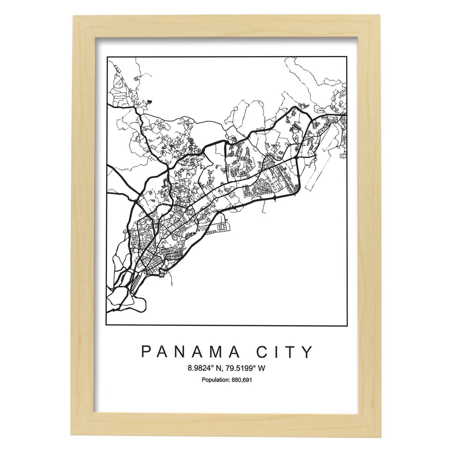 Lámina mapa de la ciudad Panama city estilo nordico en blanco y negro.-Artwork-Nacnic-A4-Marco Madera clara-Nacnic Estudio SL