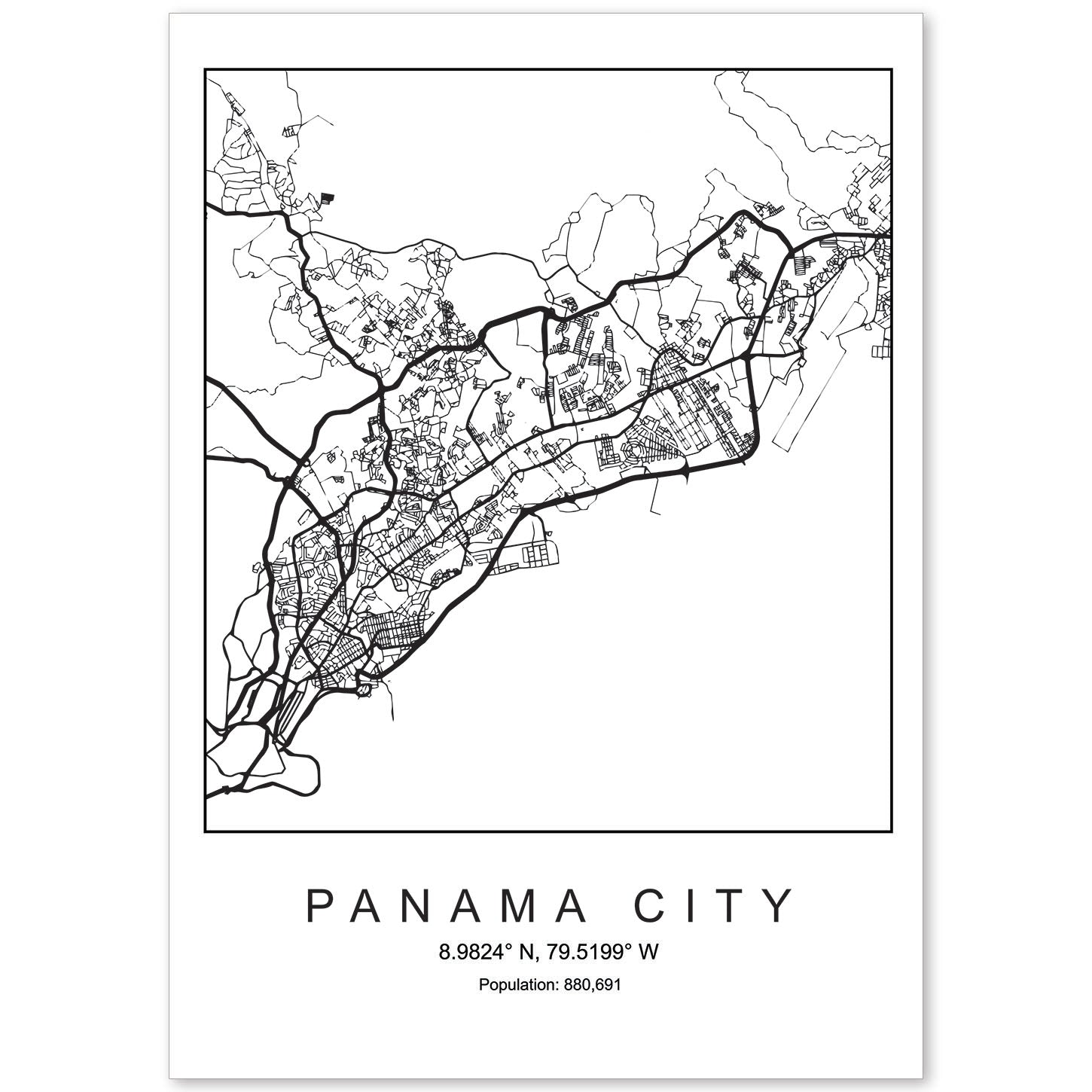 Lámina mapa de la ciudad Panama city estilo nordico en blanco y negro.-Artwork-Nacnic-A4-Sin marco-Nacnic Estudio SL