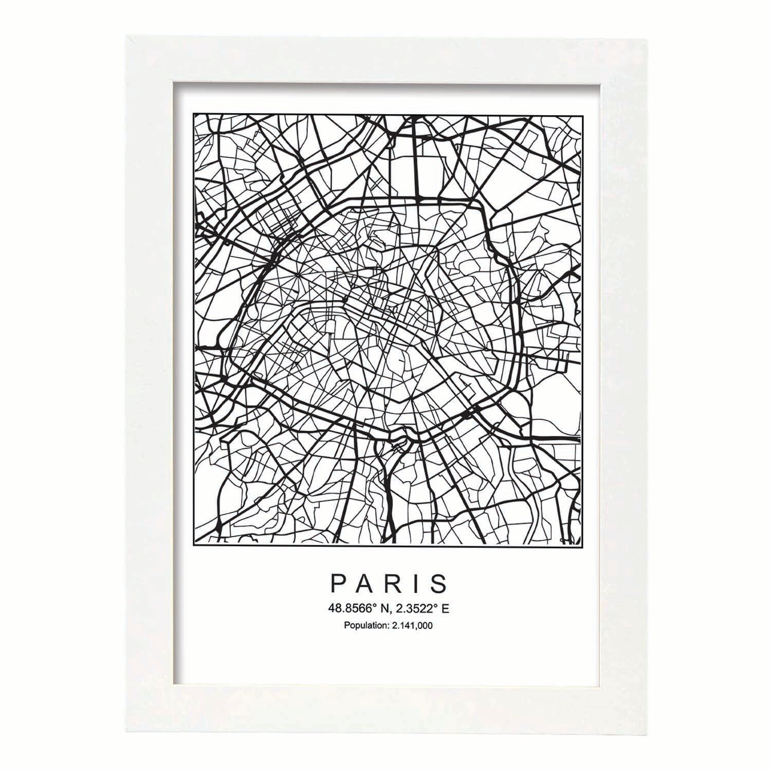 Lámina mapa de la ciudad Paris estilo nordico en blanco y negro.-Artwork-Nacnic-A3-Marco Blanco-Nacnic Estudio SL