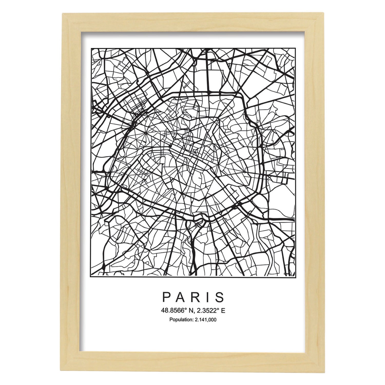 Lámina mapa de la ciudad Paris estilo nordico en blanco y negro.-Artwork-Nacnic-A3-Marco Madera clara-Nacnic Estudio SL