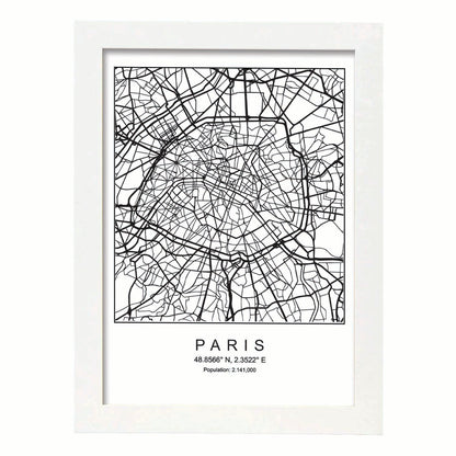 Lámina mapa de la ciudad Paris estilo nordico en blanco y negro.-Artwork-Nacnic-A4-Marco Blanco-Nacnic Estudio SL