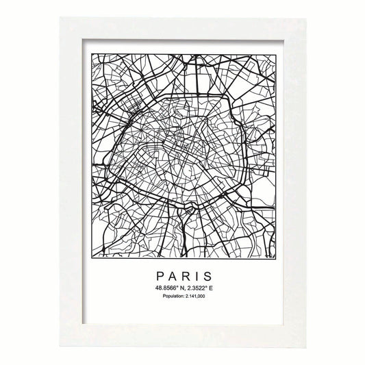 Lámina mapa de la ciudad Paris estilo nordico en blanco y negro.-Artwork-Nacnic-A4-Marco Blanco-Nacnic Estudio SL