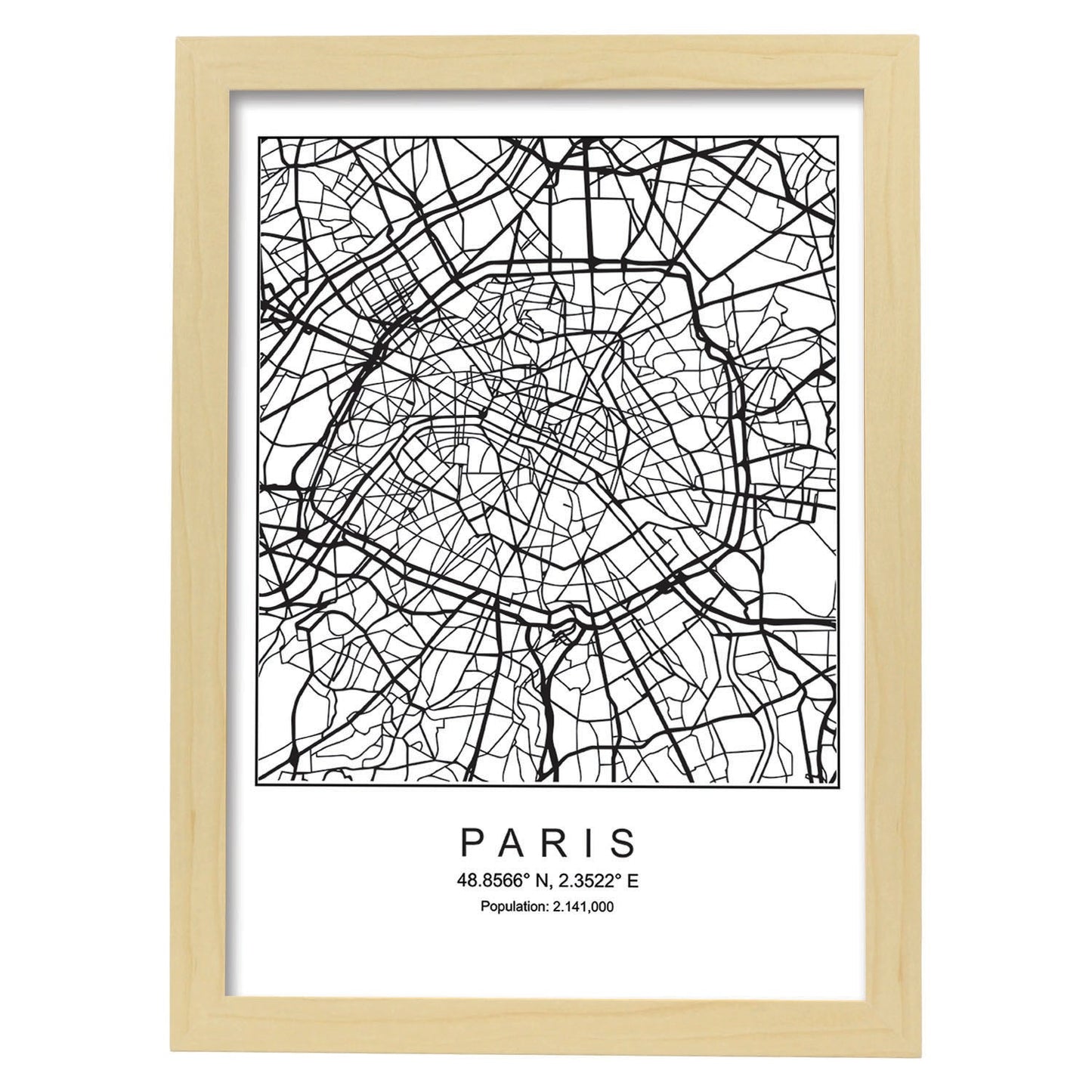 Lámina mapa de la ciudad Paris estilo nordico en blanco y negro.-Artwork-Nacnic-A4-Marco Madera clara-Nacnic Estudio SL