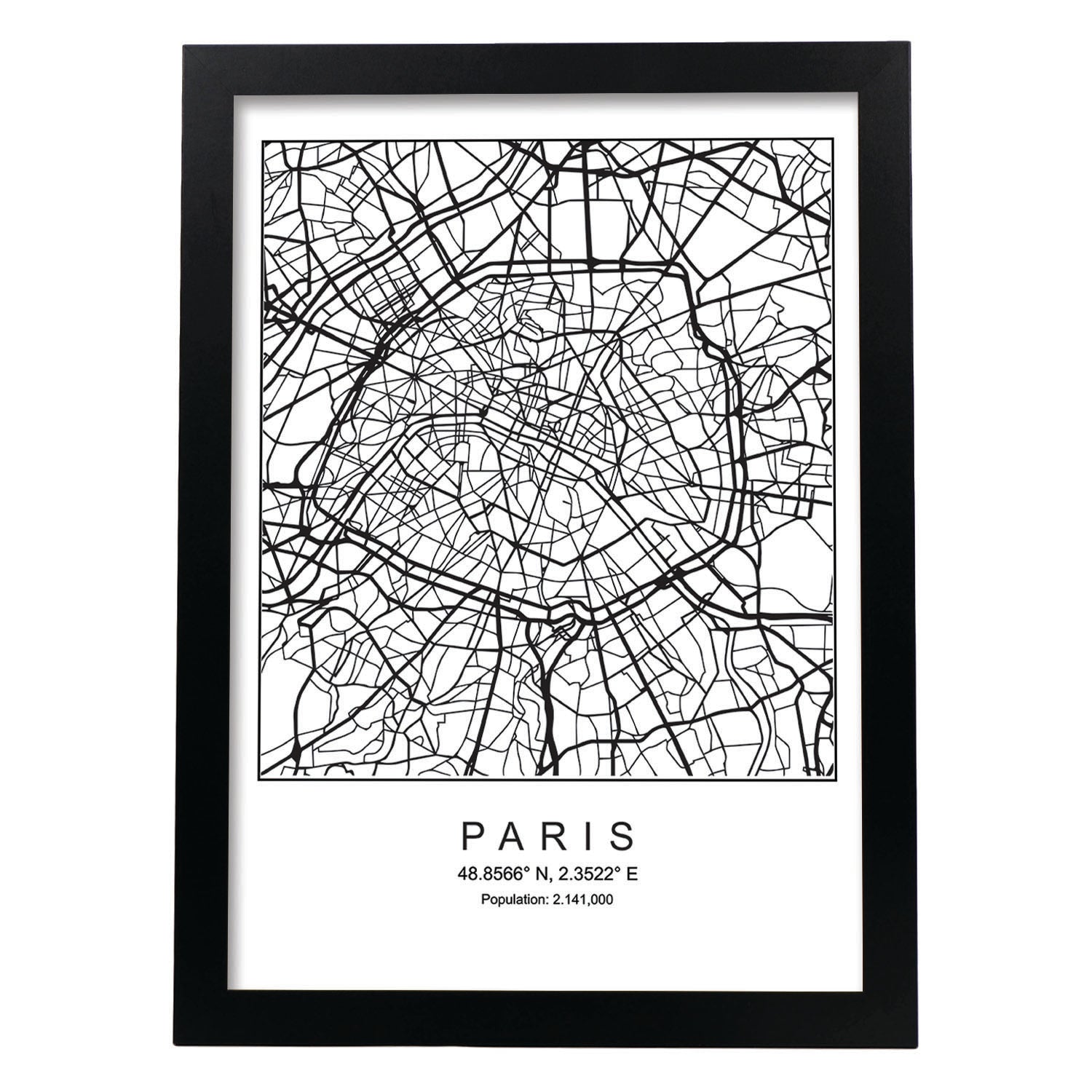 Lámina mapa de la ciudad Paris estilo nordico en blanco y negro.-Artwork-Nacnic-A4-Marco Negro-Nacnic Estudio SL
