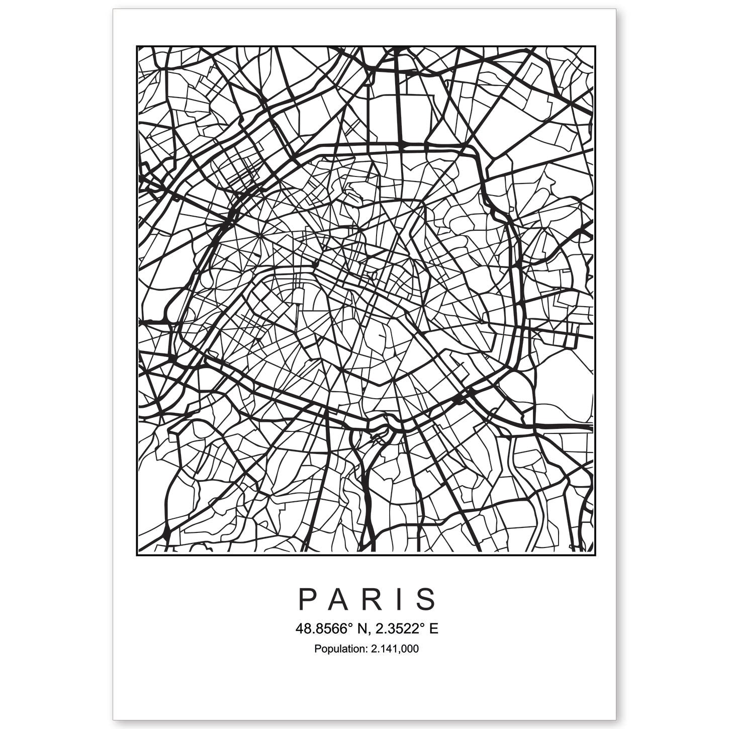 Lámina mapa de la ciudad Paris estilo nordico en blanco y negro.-Artwork-Nacnic-A4-Sin marco-Nacnic Estudio SL