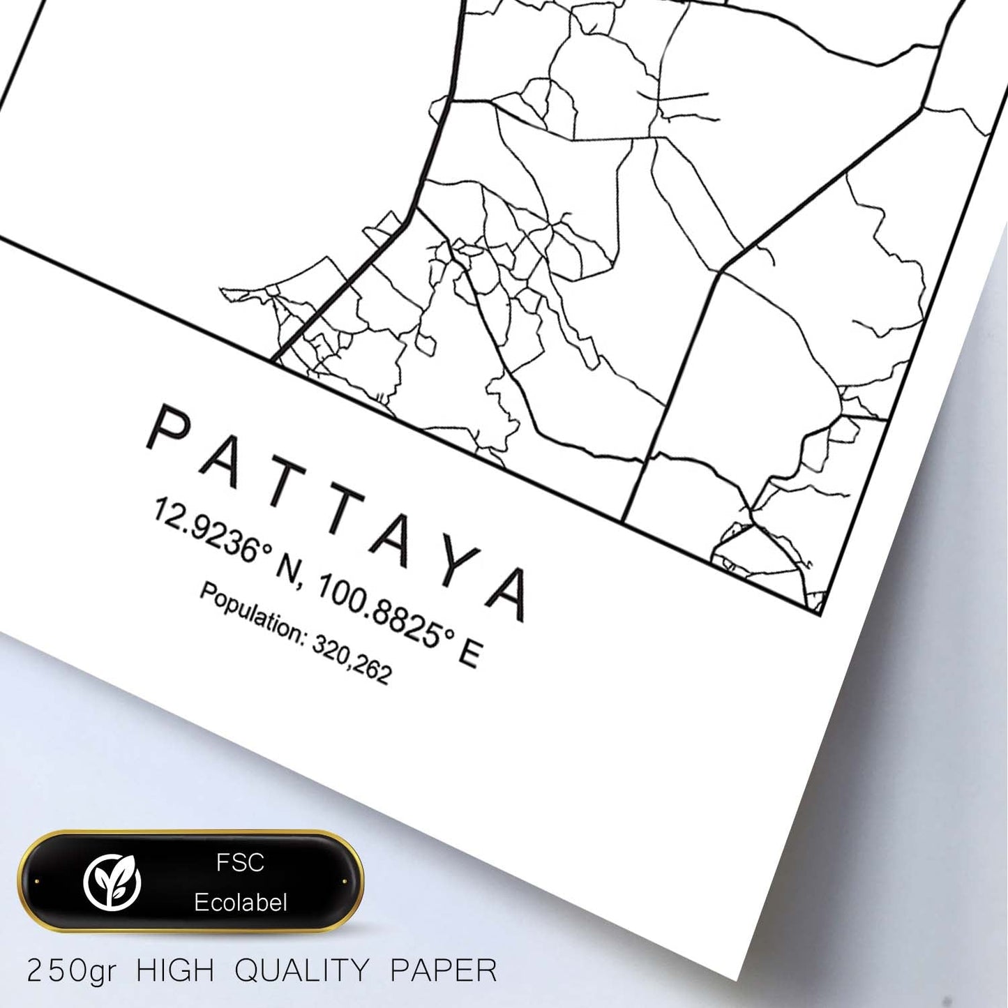 Lámina mapa de la ciudad Pattaya estilo nordico en blanco y negro.-Artwork-Nacnic-Nacnic Estudio SL