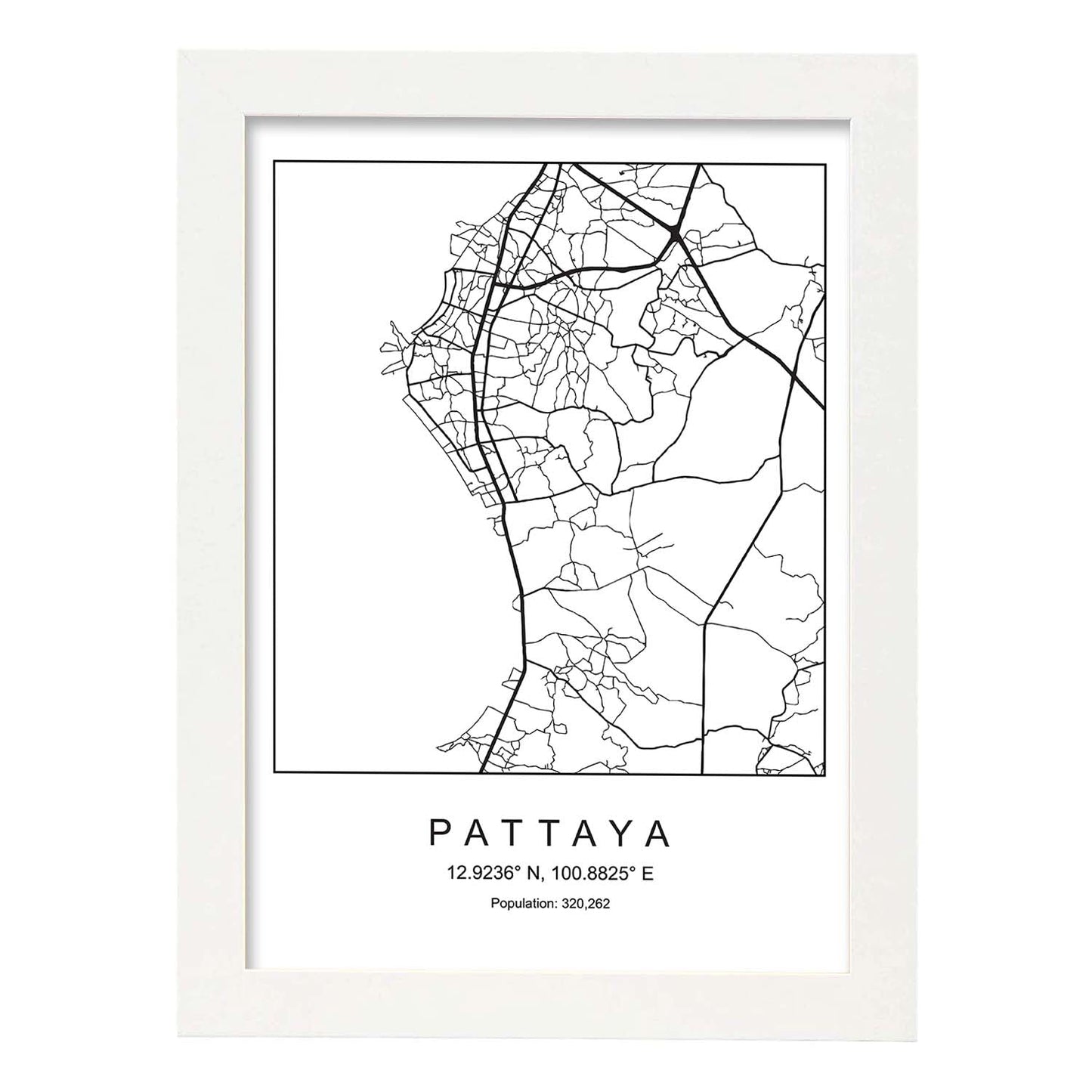 Lámina mapa de la ciudad Pattaya estilo nordico en blanco y negro.-Artwork-Nacnic-A3-Marco Blanco-Nacnic Estudio SL