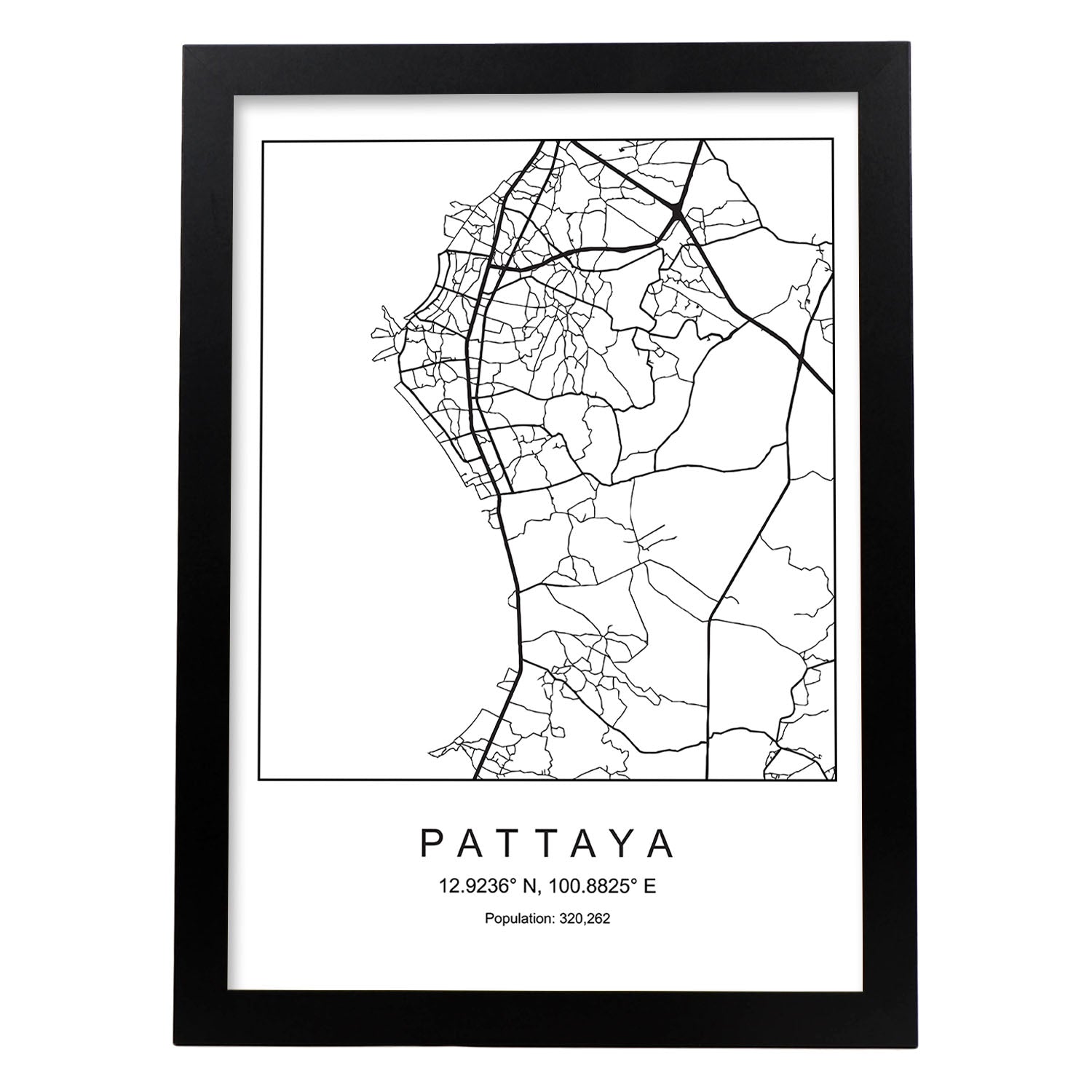 Lámina mapa de la ciudad Pattaya estilo nordico en blanco y negro.-Artwork-Nacnic-A3-Marco Negro-Nacnic Estudio SL