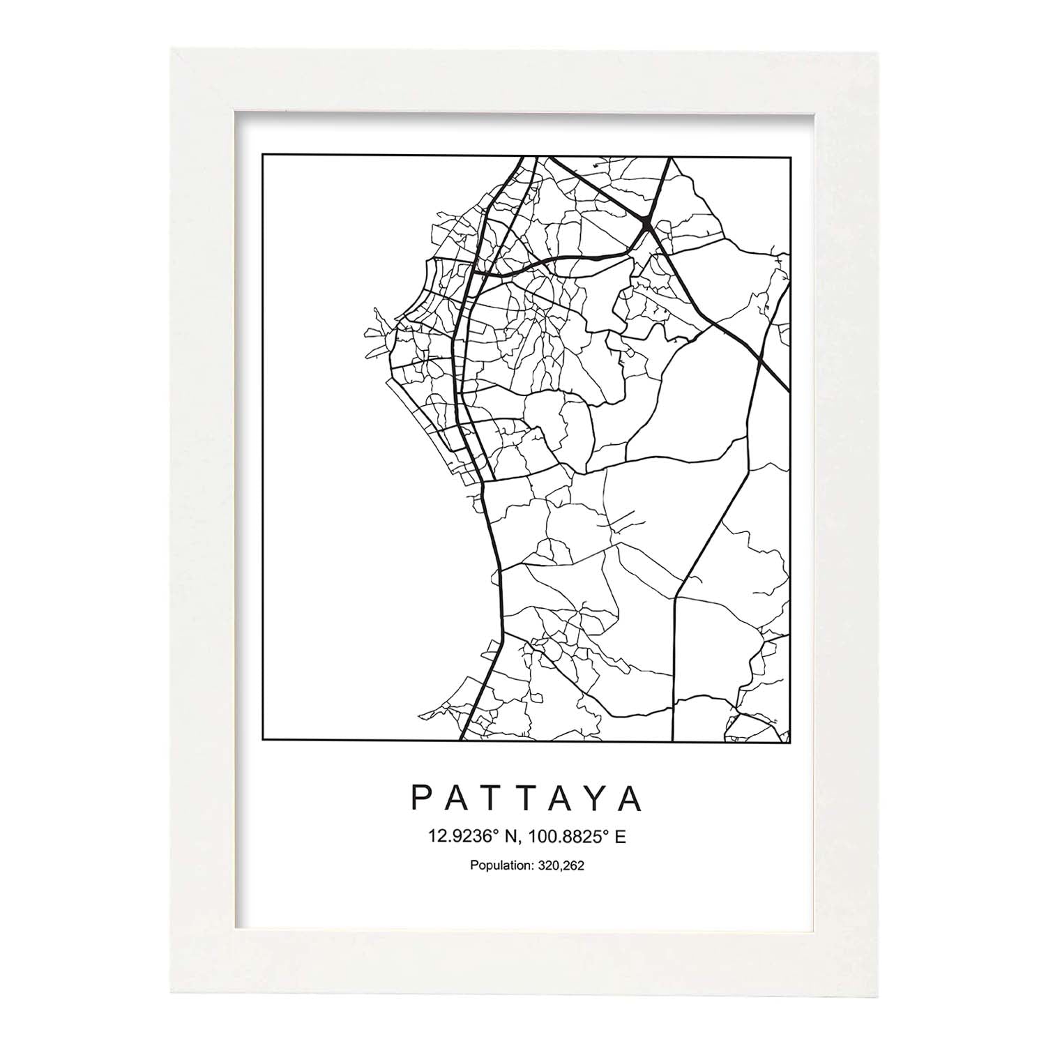 Lámina mapa de la ciudad Pattaya estilo nordico en blanco y negro.-Artwork-Nacnic-A4-Marco Blanco-Nacnic Estudio SL