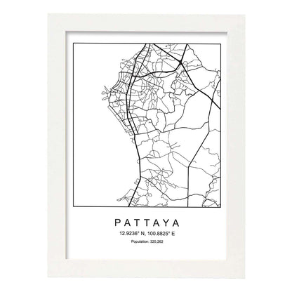 Lámina mapa de la ciudad Pattaya estilo nordico en blanco y negro.-Artwork-Nacnic-A4-Marco Blanco-Nacnic Estudio SL