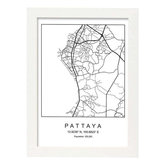 Lámina mapa de la ciudad Pattaya estilo nordico en blanco y negro.-Artwork-Nacnic-A4-Marco Blanco-Nacnic Estudio SL