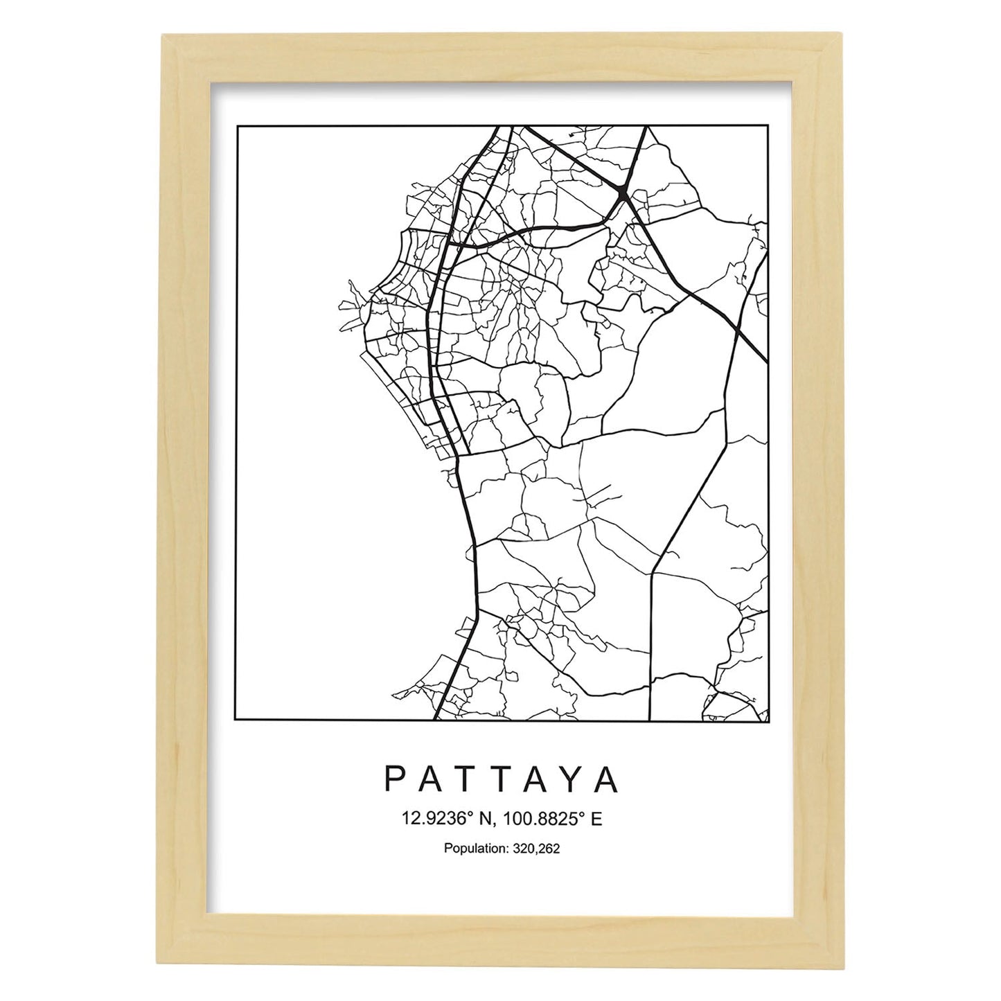 Lámina mapa de la ciudad Pattaya estilo nordico en blanco y negro.-Artwork-Nacnic-A4-Marco Madera clara-Nacnic Estudio SL