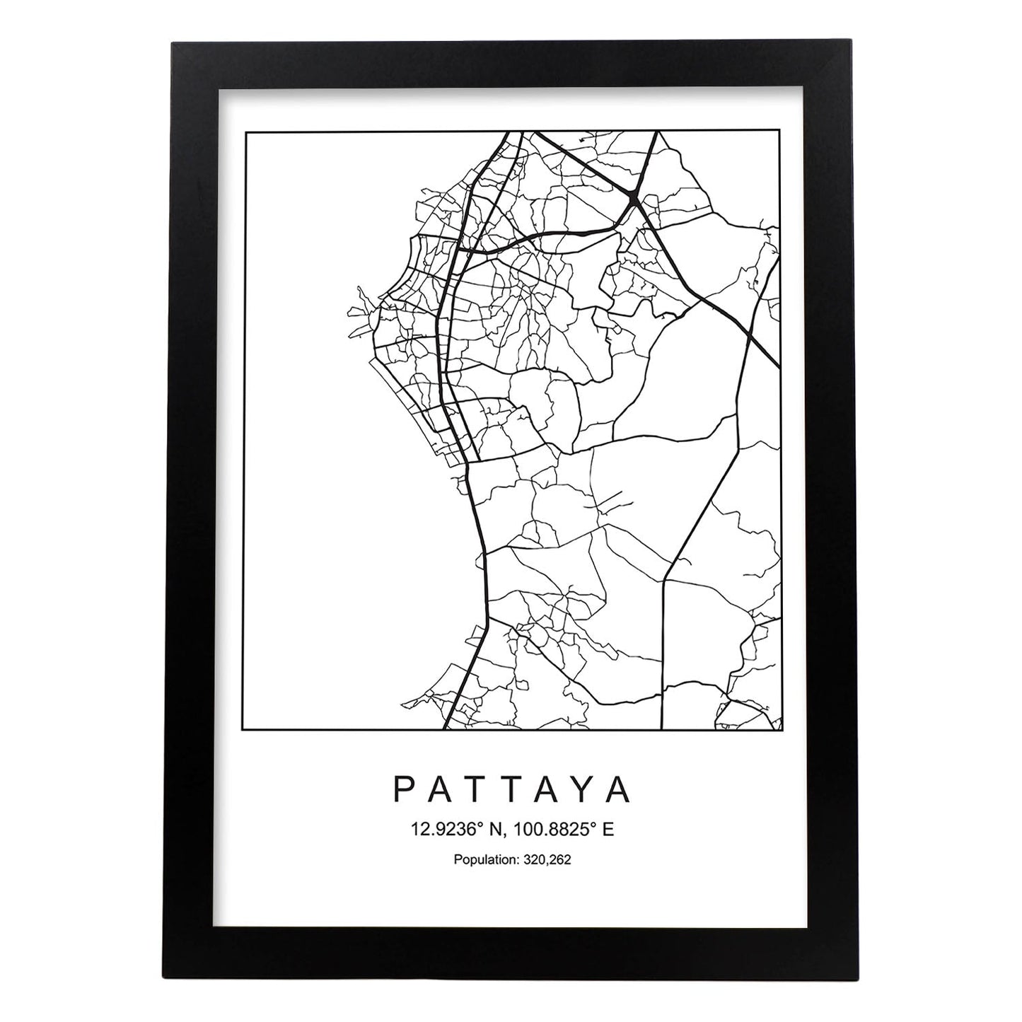 Lámina mapa de la ciudad Pattaya estilo nordico en blanco y negro.-Artwork-Nacnic-A4-Marco Negro-Nacnic Estudio SL