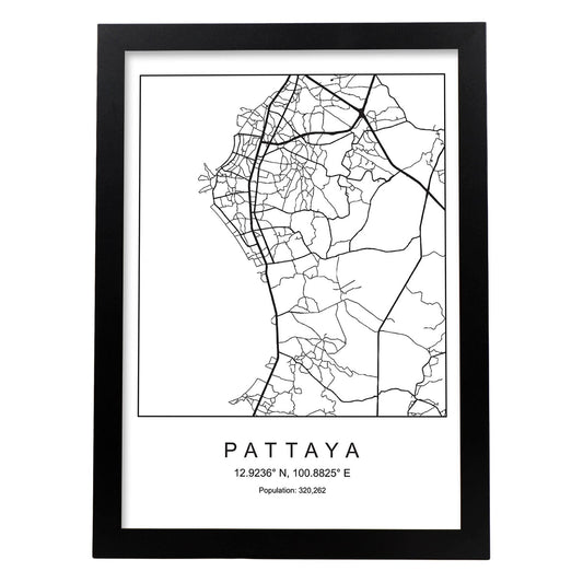 Lámina mapa de la ciudad Pattaya estilo nordico en blanco y negro.-Artwork-Nacnic-A4-Marco Negro-Nacnic Estudio SL
