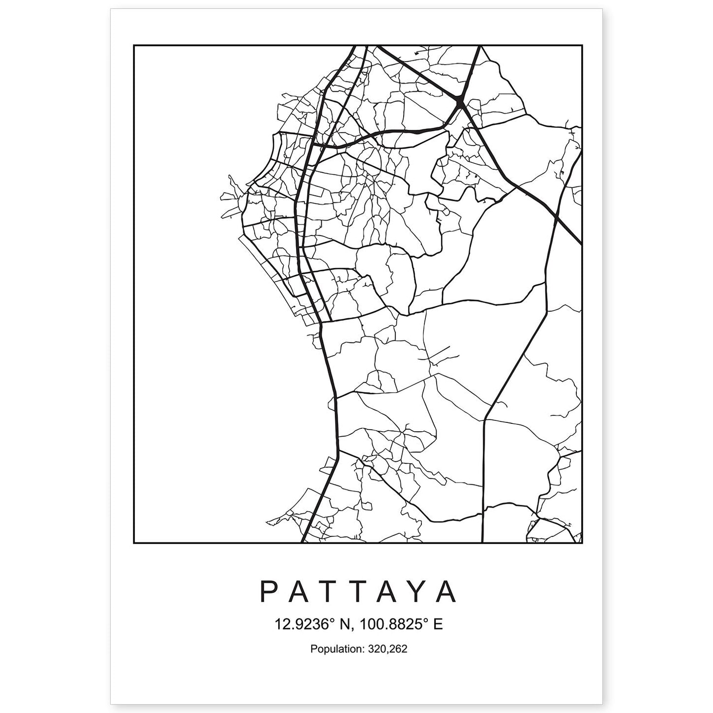 Lámina mapa de la ciudad Pattaya estilo nordico en blanco y negro.-Artwork-Nacnic-A4-Sin marco-Nacnic Estudio SL