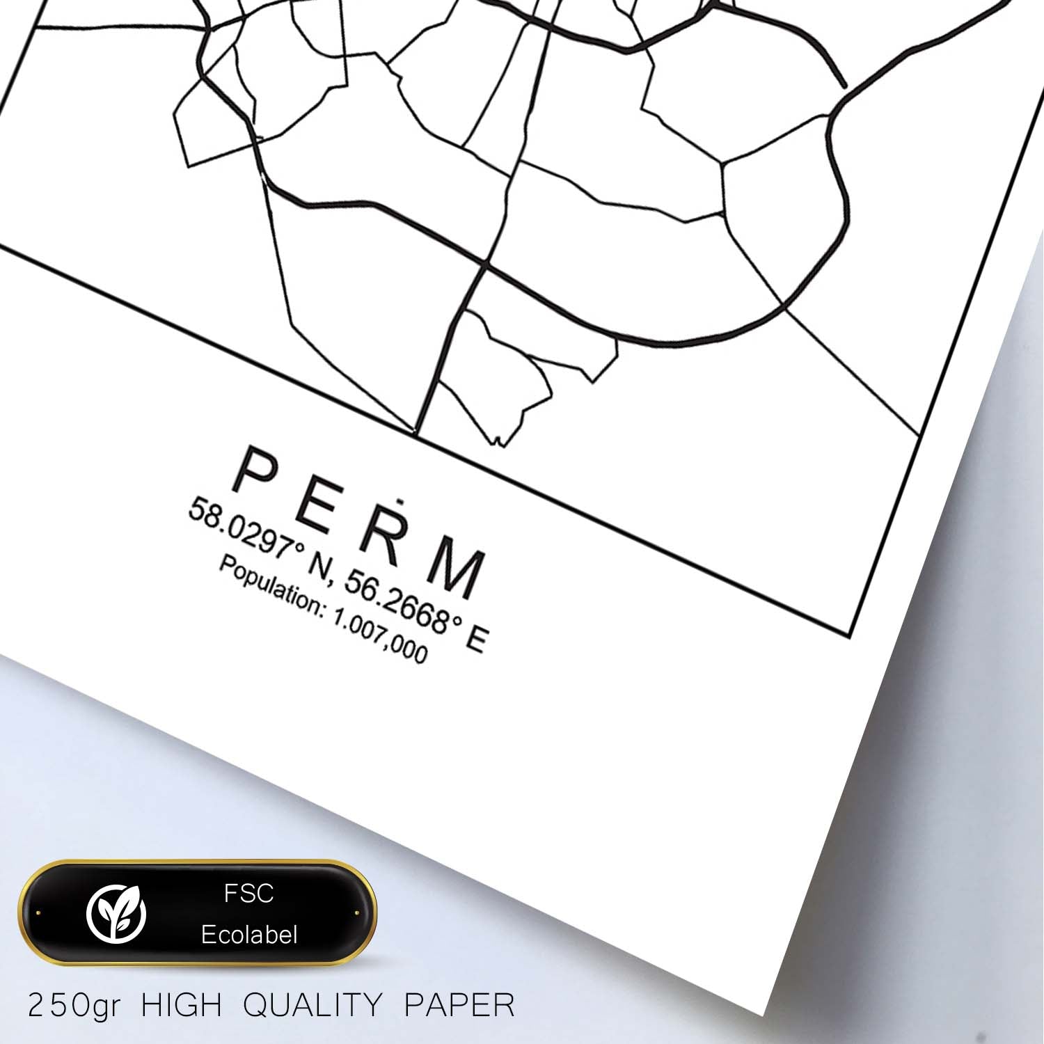 Lámina mapa de la ciudad Perm estilo nordico en blanco y negro.-Artwork-Nacnic-Nacnic Estudio SL