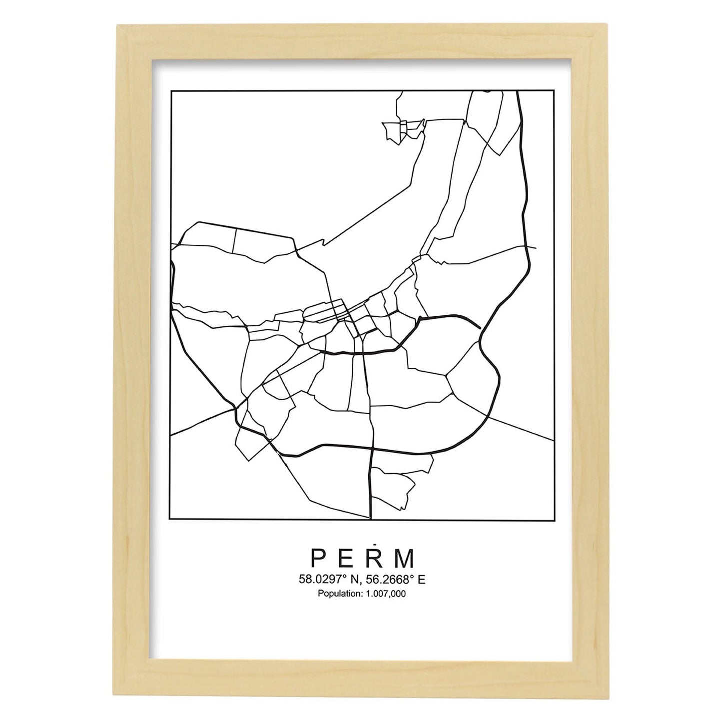 Lámina mapa de la ciudad Perm estilo nordico en blanco y negro.-Artwork-Nacnic-A3-Marco Madera clara-Nacnic Estudio SL