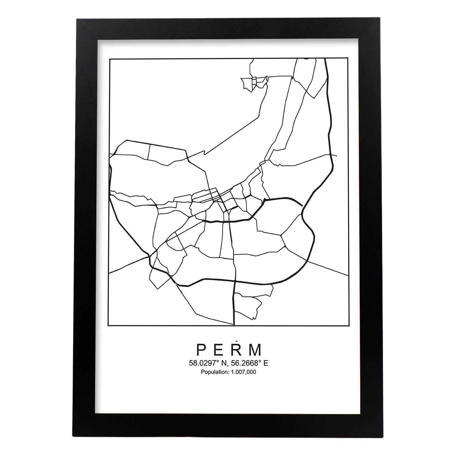 Lámina mapa de la ciudad Perm estilo nordico en blanco y negro.-Artwork-Nacnic-A3-Marco Negro-Nacnic Estudio SL
