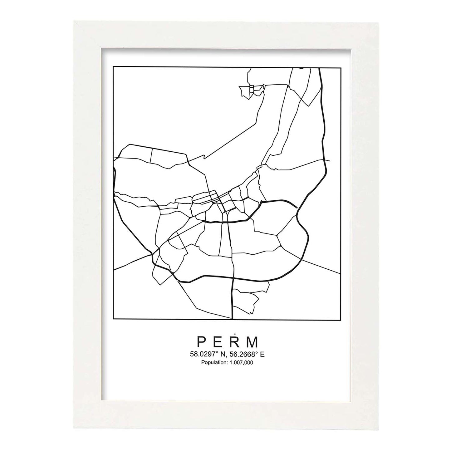 Lámina mapa de la ciudad Perm estilo nordico en blanco y negro.-Artwork-Nacnic-A4-Marco Blanco-Nacnic Estudio SL