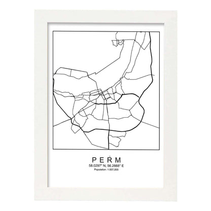 Lámina mapa de la ciudad Perm estilo nordico en blanco y negro.-Artwork-Nacnic-A4-Marco Blanco-Nacnic Estudio SL