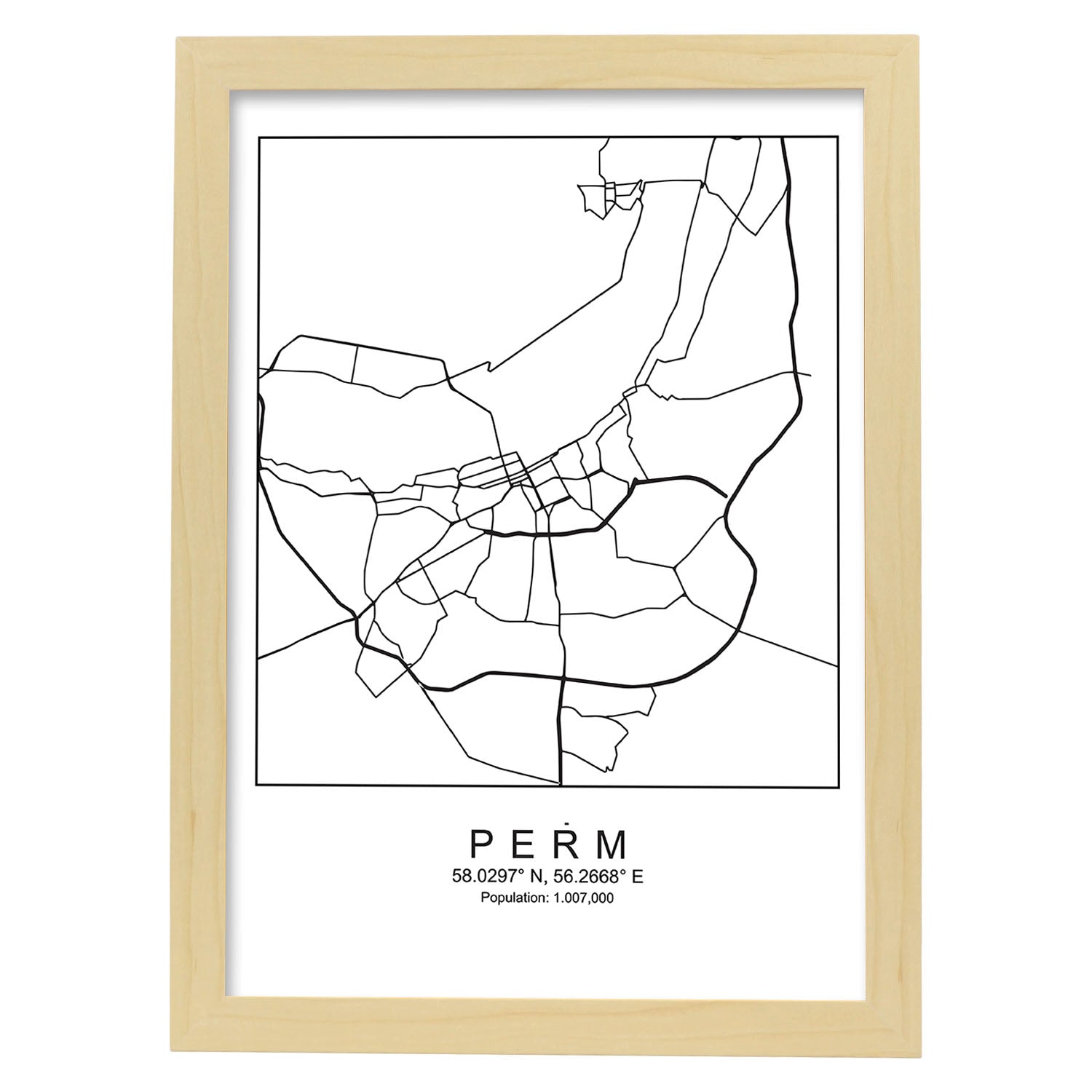 Lámina mapa de la ciudad Perm estilo nordico en blanco y negro.-Artwork-Nacnic-A4-Marco Madera clara-Nacnic Estudio SL