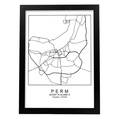 Lámina mapa de la ciudad Perm estilo nordico en blanco y negro.-Artwork-Nacnic-A4-Marco Negro-Nacnic Estudio SL