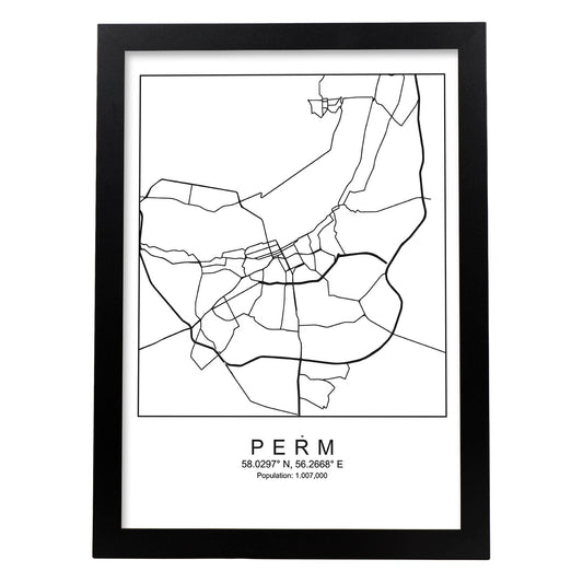 Lámina mapa de la ciudad Perm estilo nordico en blanco y negro.-Artwork-Nacnic-A4-Marco Negro-Nacnic Estudio SL
