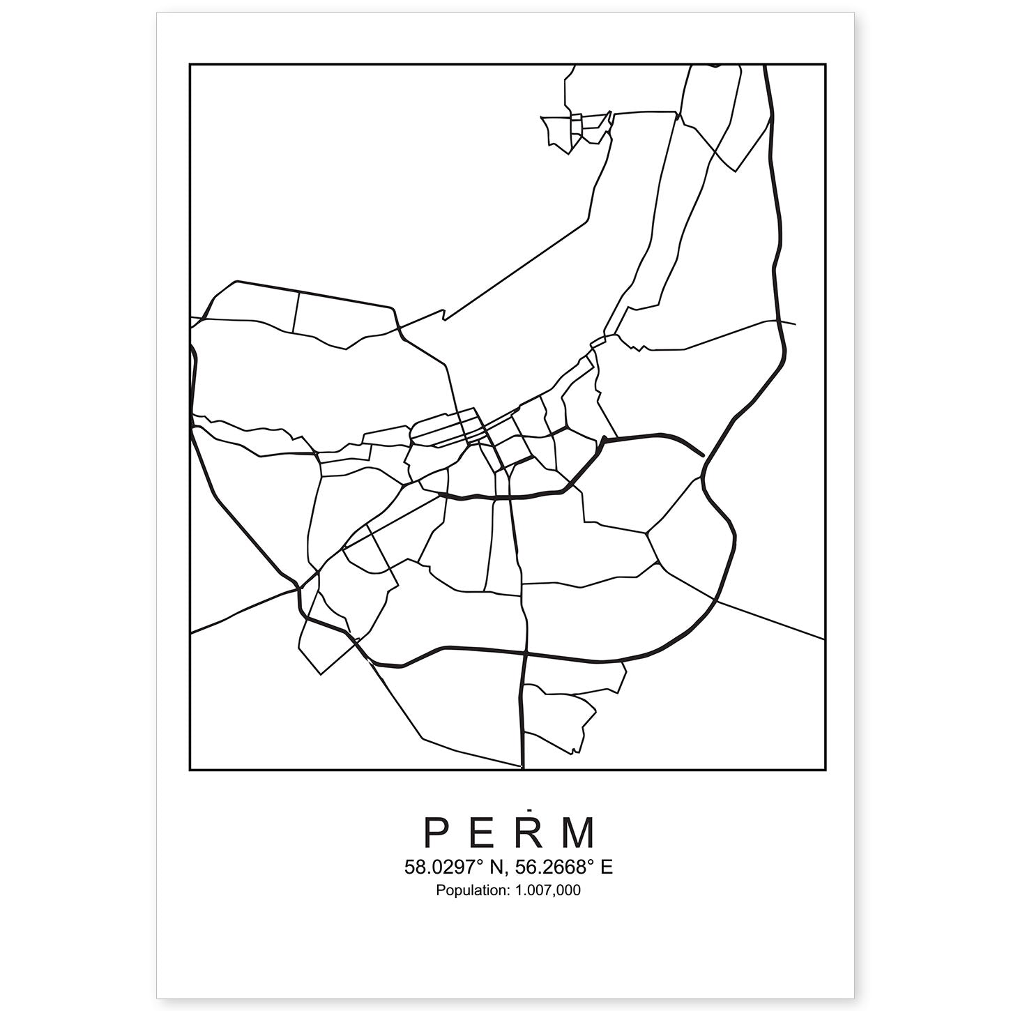 Lámina mapa de la ciudad Perm estilo nordico en blanco y negro.-Artwork-Nacnic-A4-Sin marco-Nacnic Estudio SL